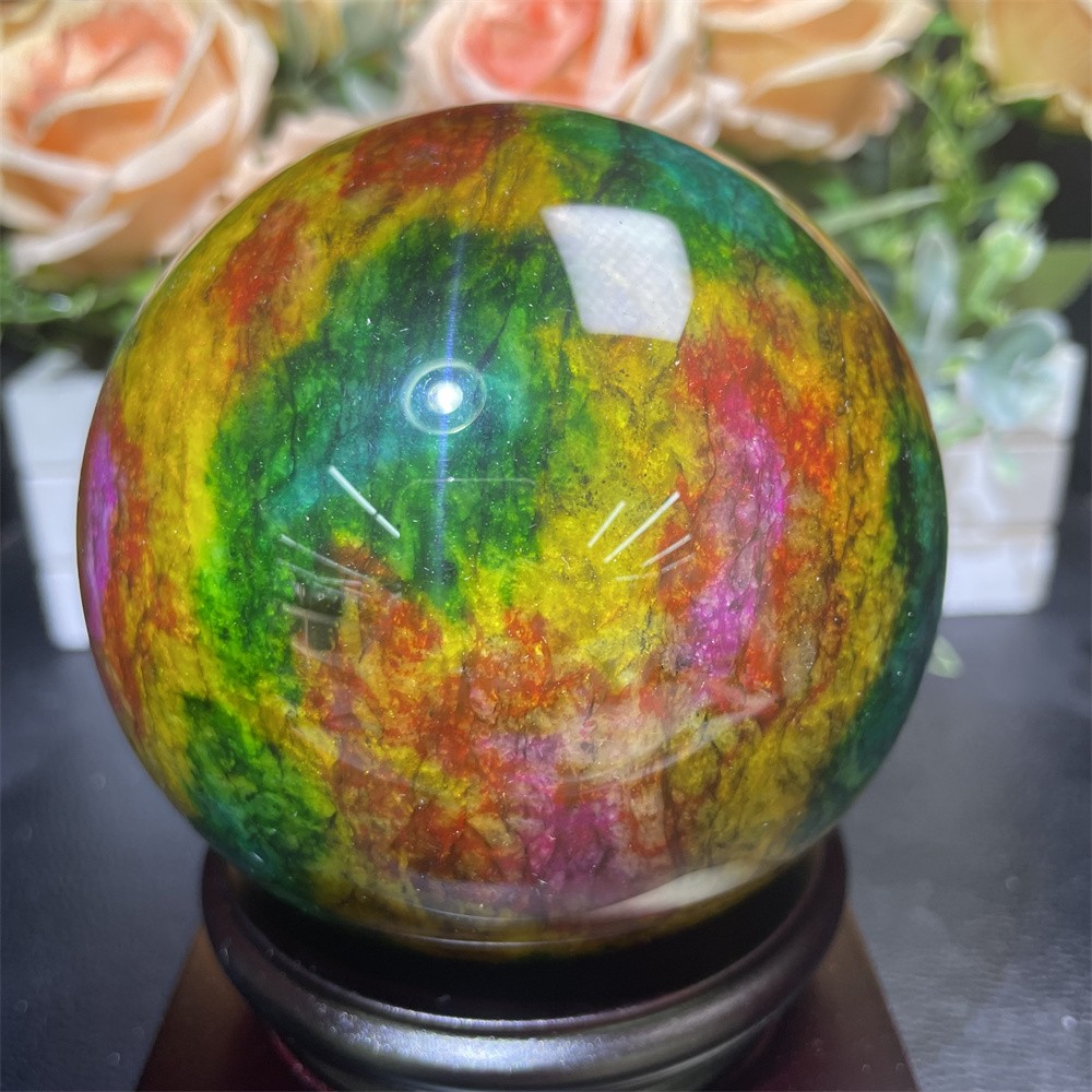 Random 1pc 3.8LB 3.8″Seven Color Stone Sphere Crystal Reiki Quartz Ball+Stand