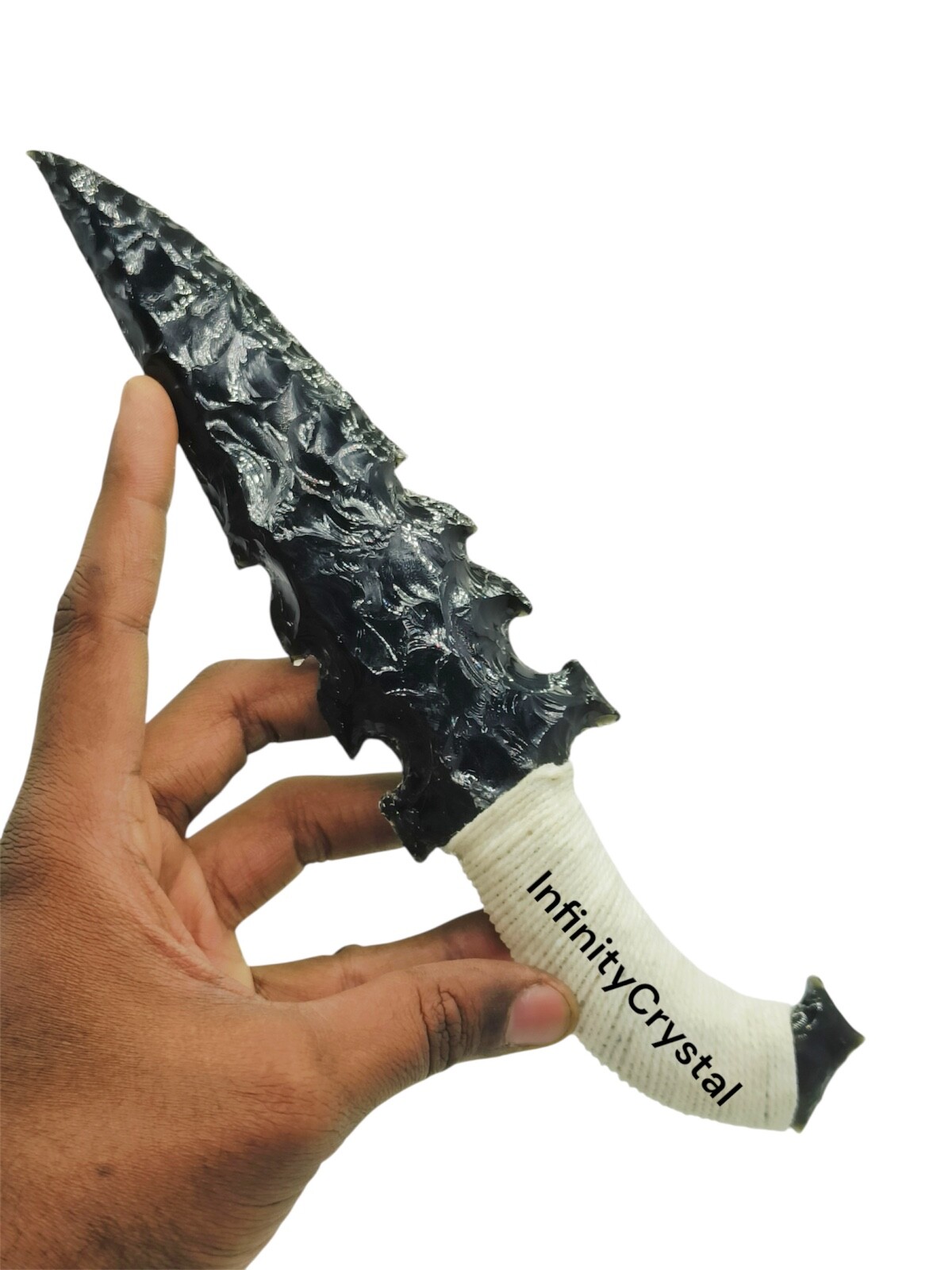 10”Large Black Obsidian Dagger,Handcrafted Knife with White Thread,Viking Athame