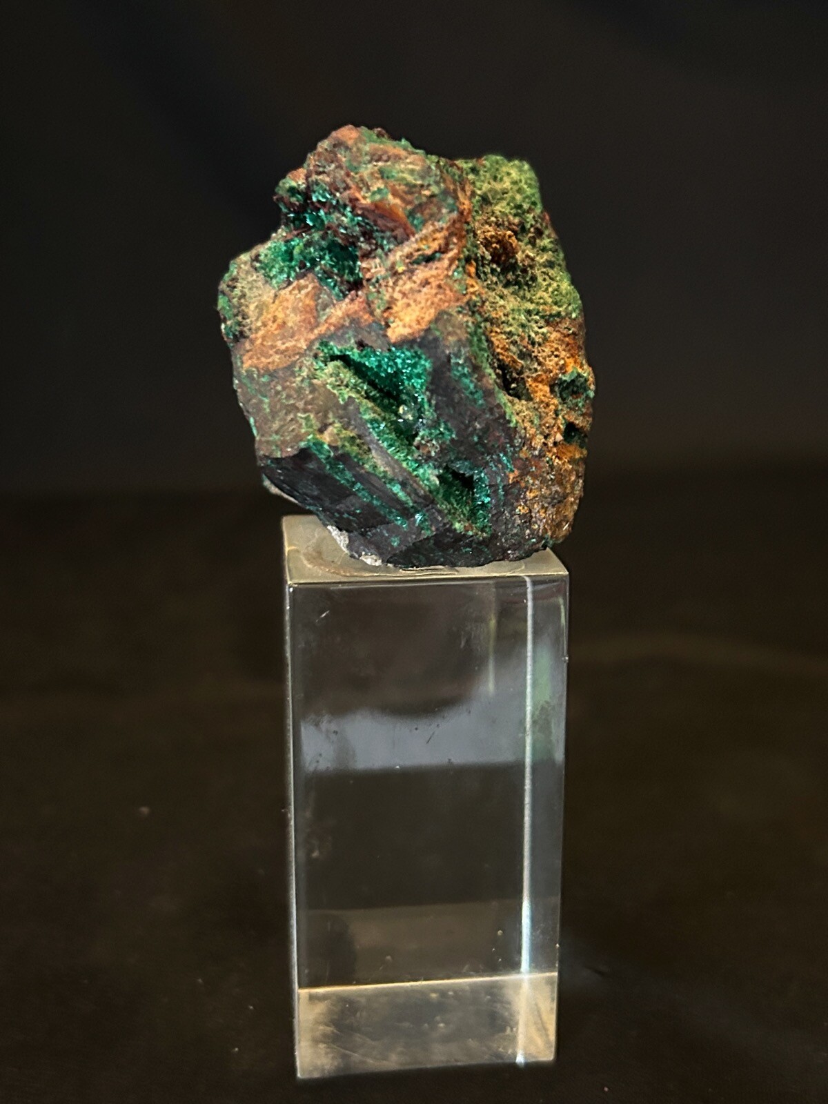 Vintage Dioptase Crystal Mineral Mounted on Lucite Specimen Paperweight Display