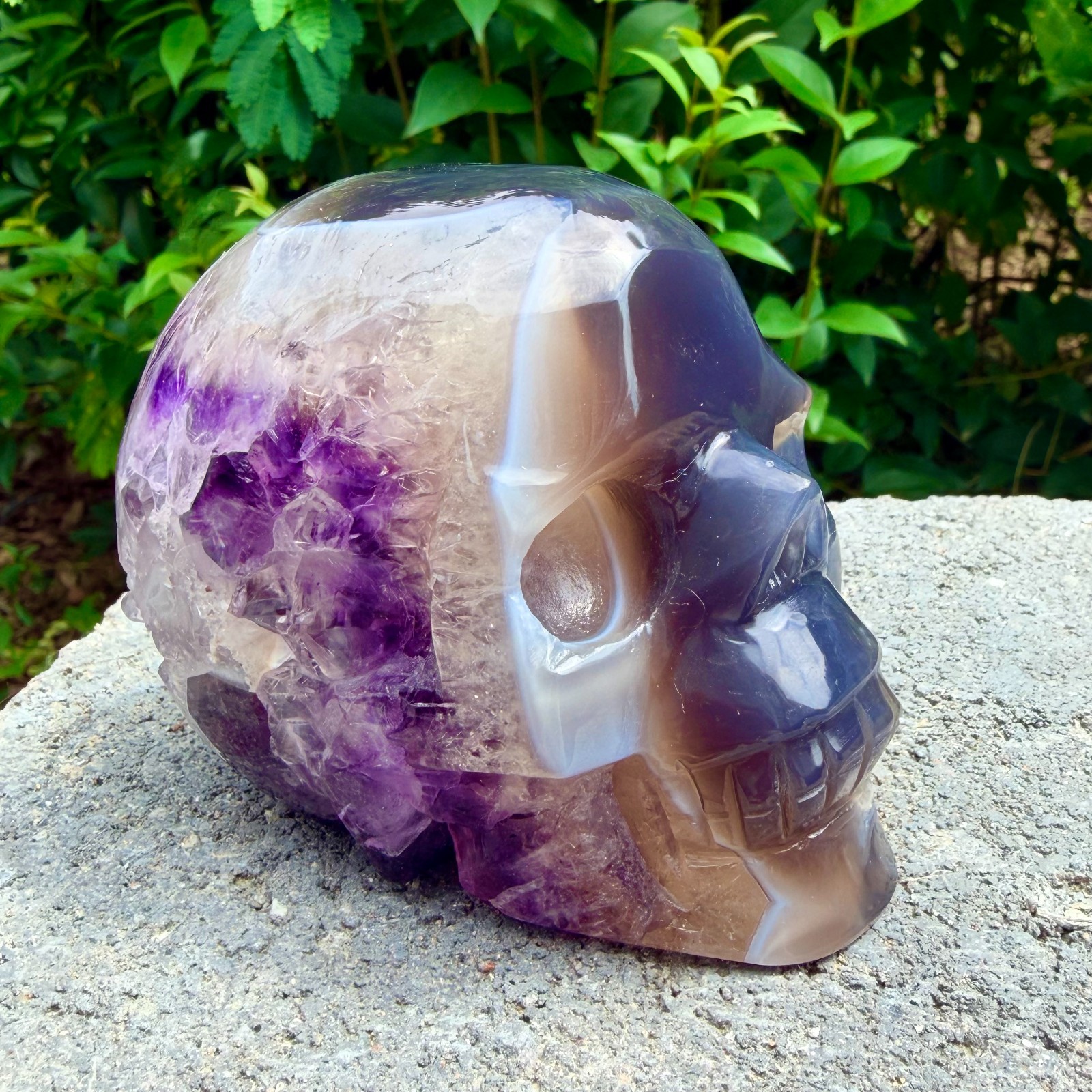 1.75lb Amethyst agate crystal cave skull, Rare hand carved skull specimen