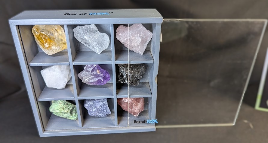 Set of Nine Crystals and Healing Stones Decorative Display Showcase