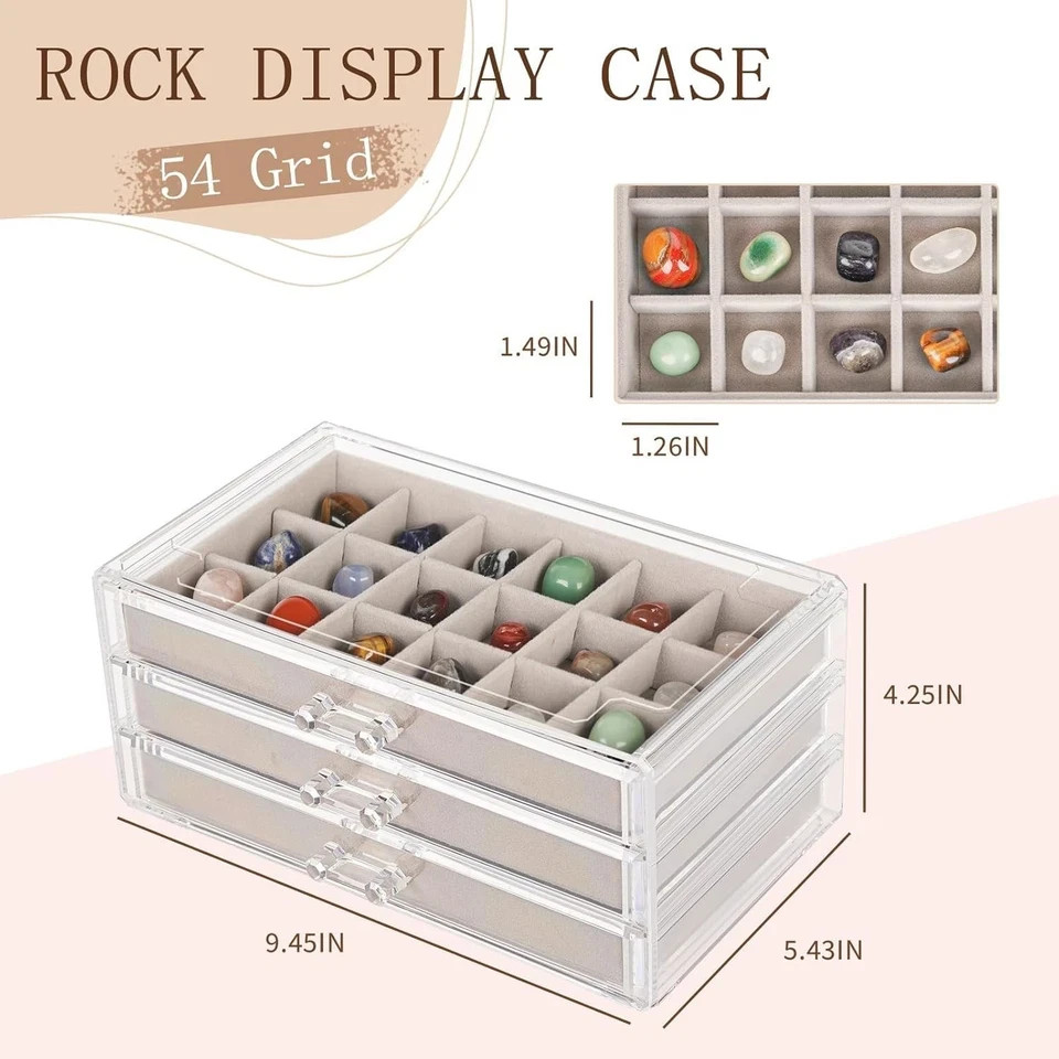 Rock Display Case,54 Grids Rock Collection Box for Kids with Mini Magnifying