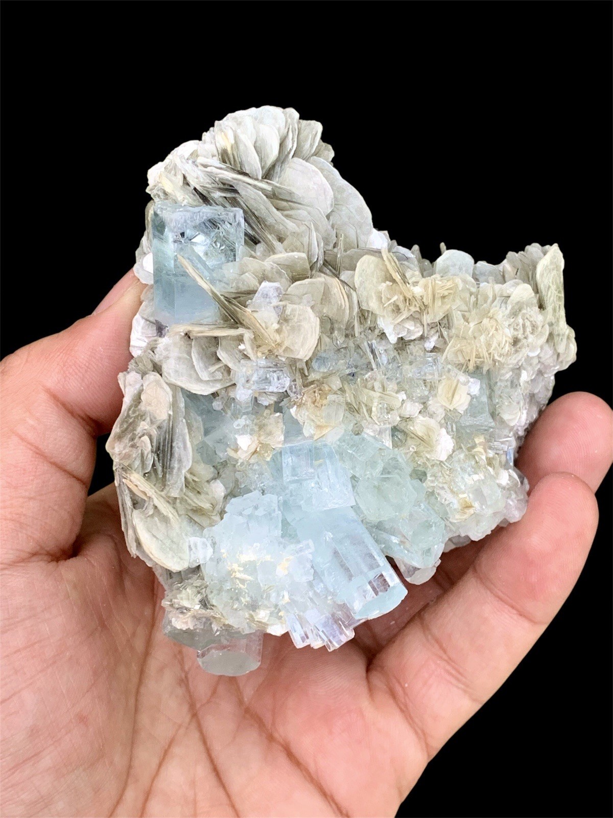 579 Grams Aquamarine Cluster With Mica Combine Specimen From Nagar Pakistan.