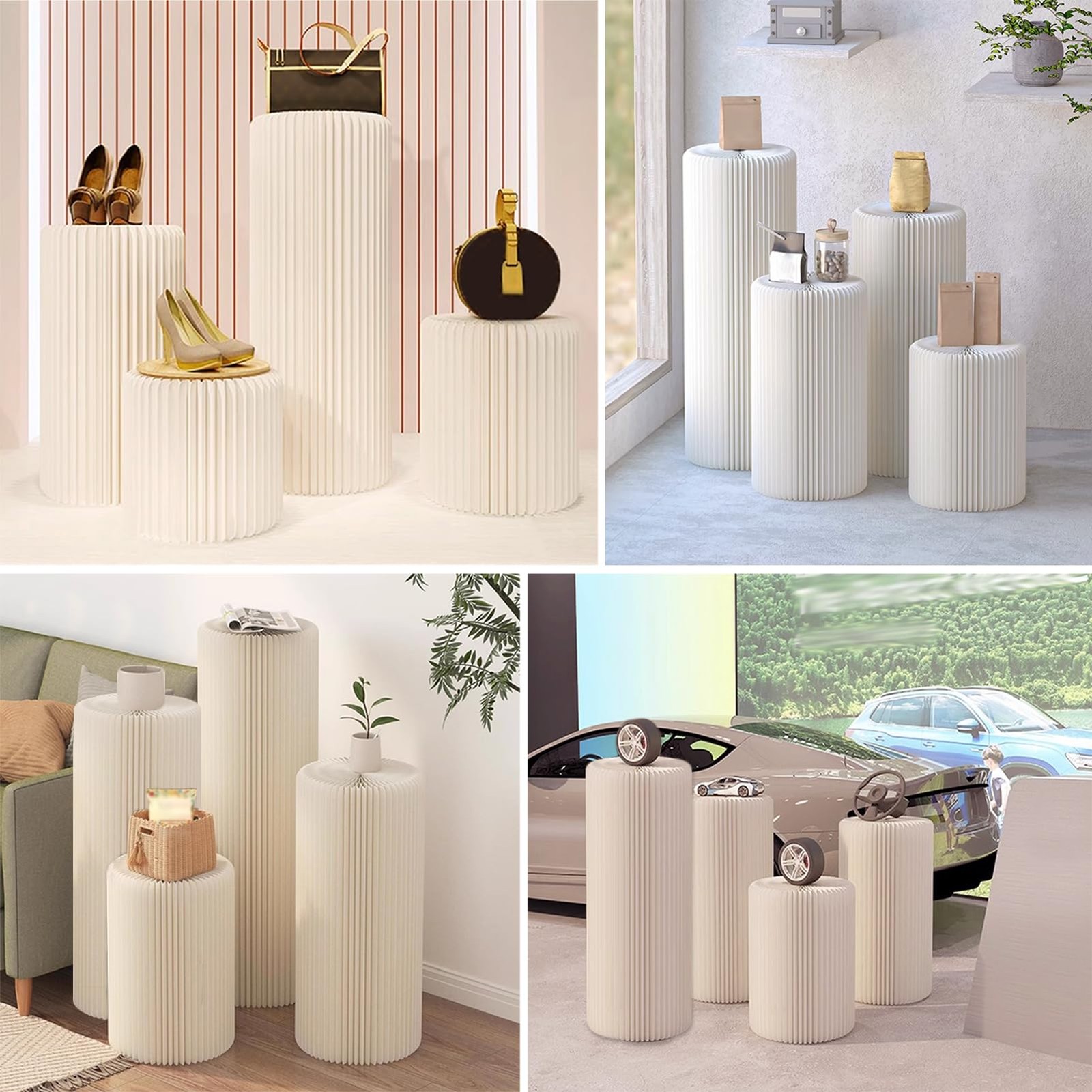 4Pack Cylinder Stands for Party, Foldable Cardboard Columns with 4 Clear Roun…