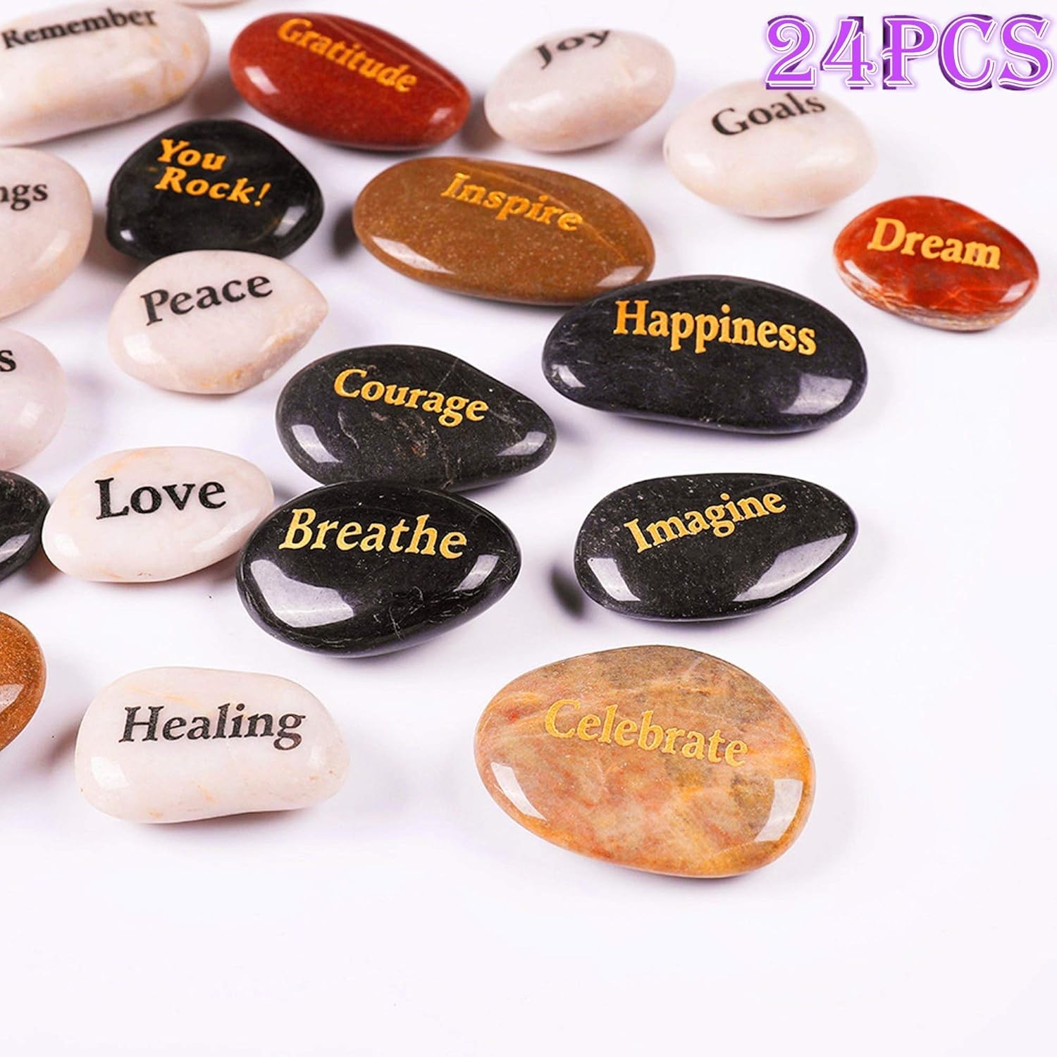 24 Pcs Inspirational Stones Engraved Words Rock Encouragement Amulets Gift