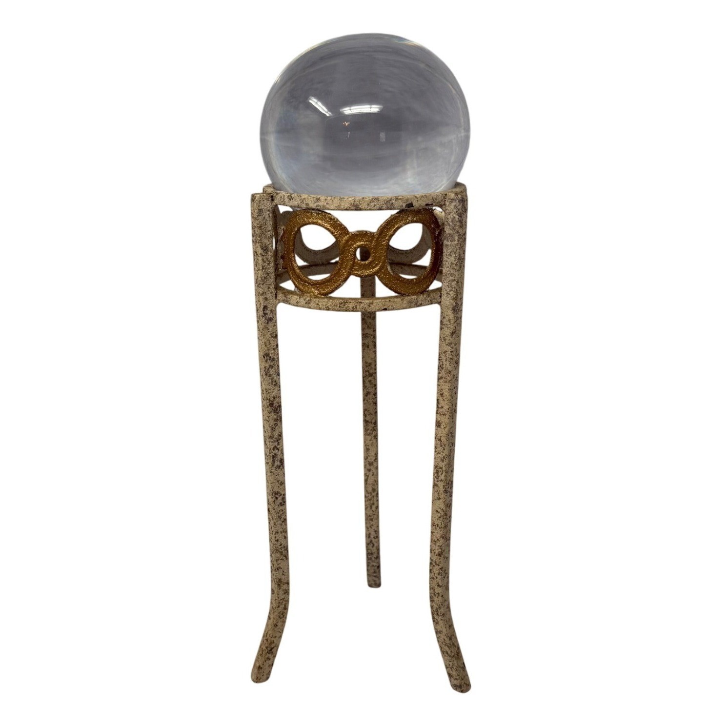 Vintage Wrought Iron Painted Cream Gold Metal Sphere Crystal Ball Stand Display