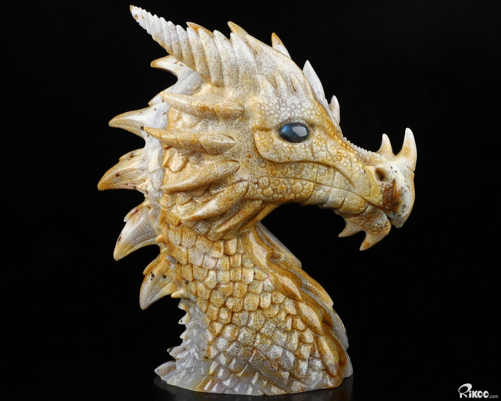 6.9″ Indian Agate Carved Crystal Dragon & Labradorite Eyes Sculpture, Realistic