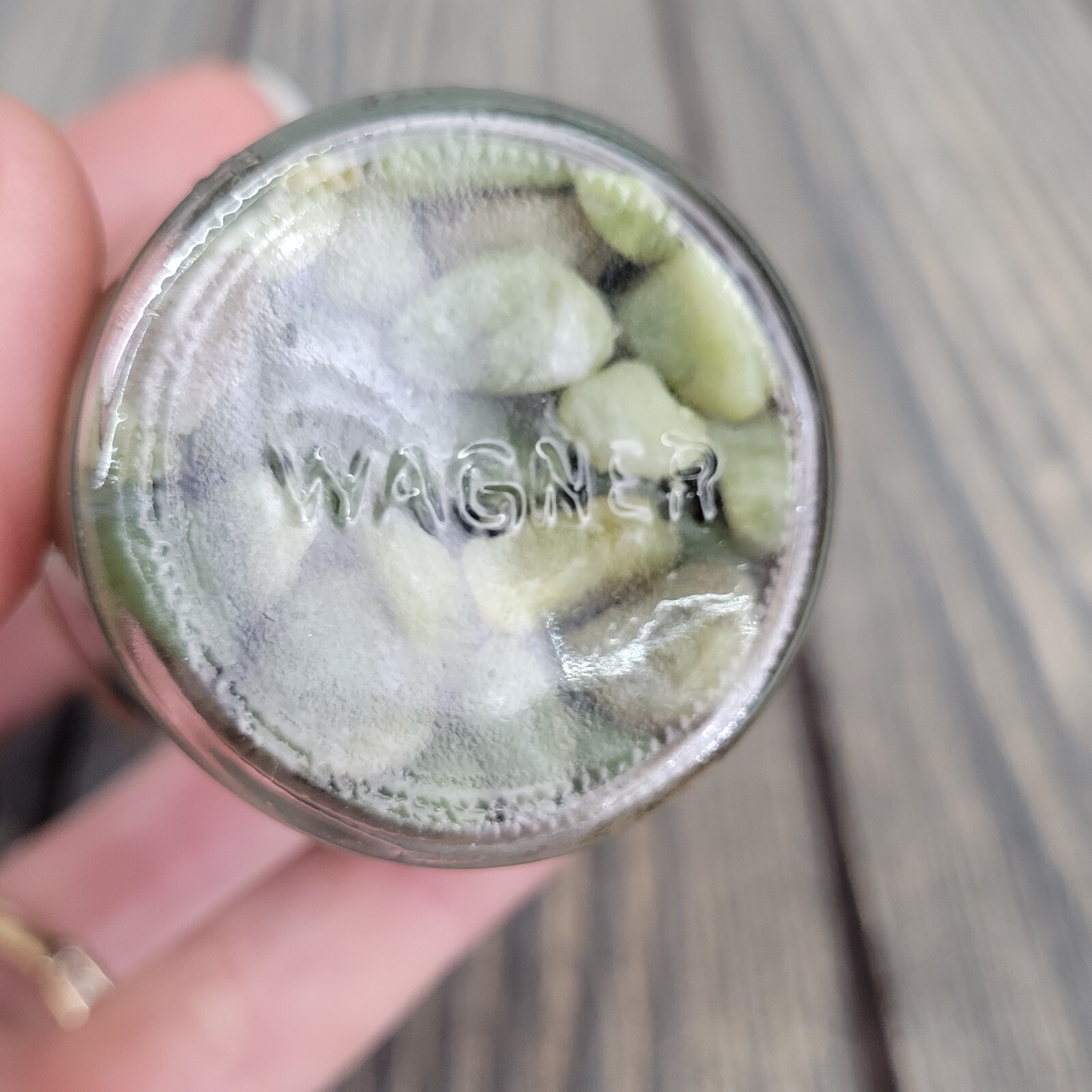 4oz Serpentine Crystal Tumbles in Vintage Apothecary Glass Jar “Fancies” Wagner