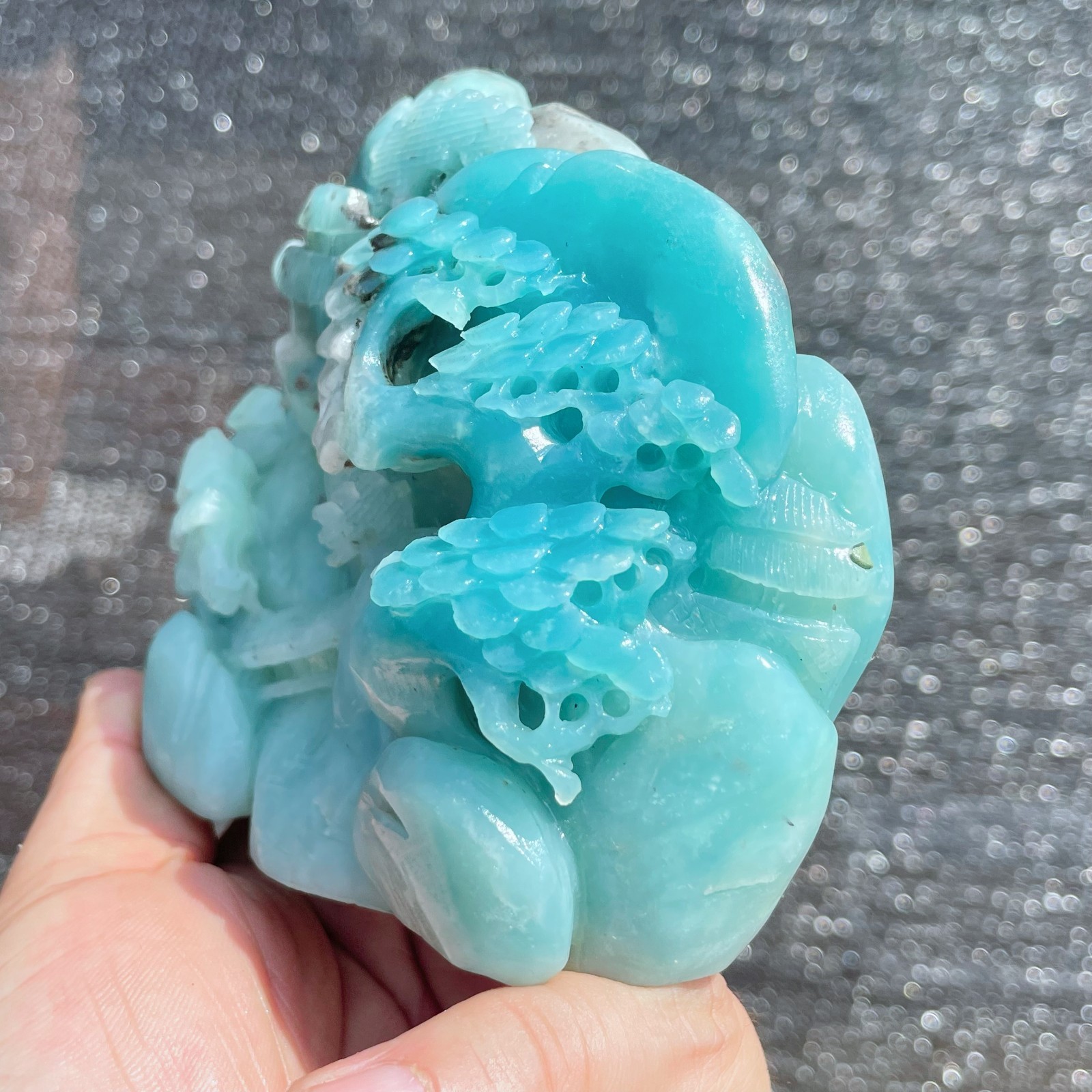 Natural Amazonite Quartz Crystal Hand-Carved Mountain Scenery Sculpture 1.6LB