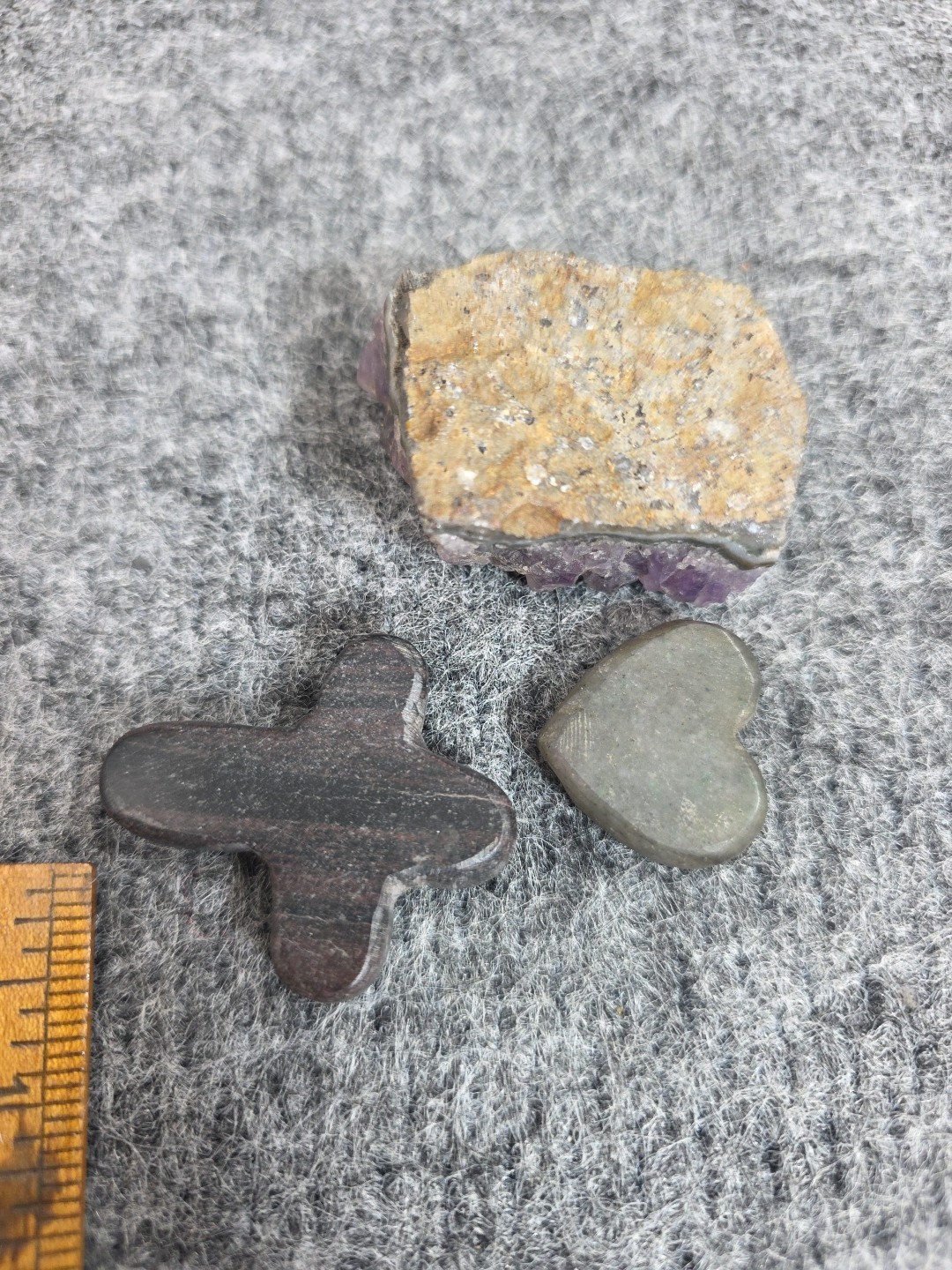 Amethyst Crystal Cluster Lot w Obsidian Cross & Gray Heart Carved Stones