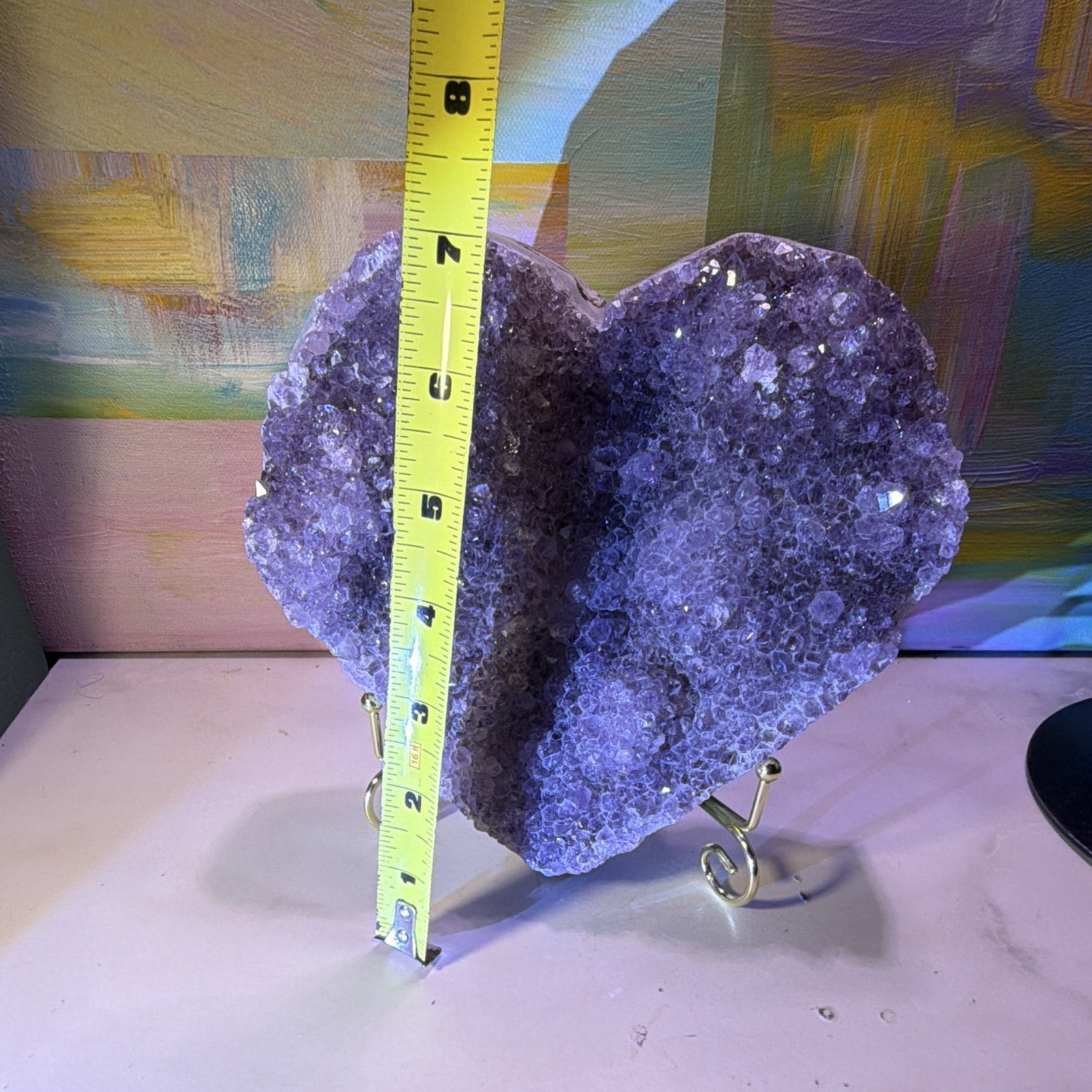 Heart-Shaped Purple Crystal Cluster Mineral Display Specimen on Metal Stand 8 in