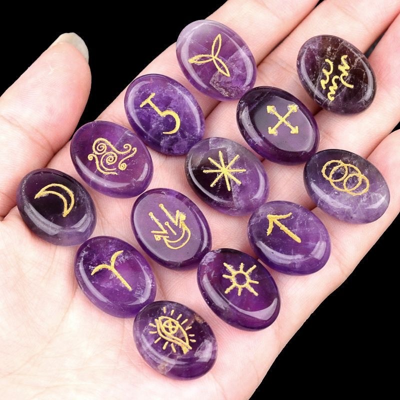13 pieces per package of natural crystal semi precious stones, witch rune carvi