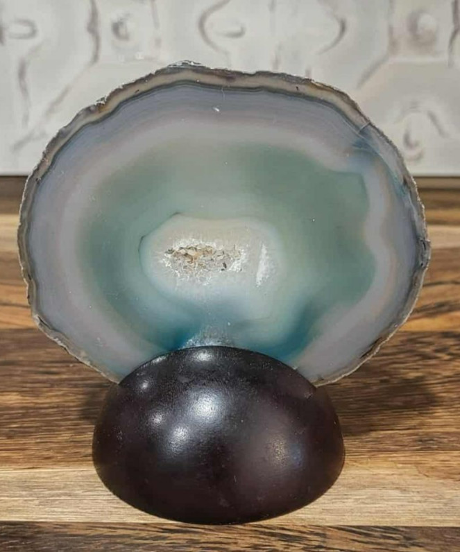 Blue Agate Geode Slice on Wooden Stand Brazil 3.75″ Natural Crystal Decor