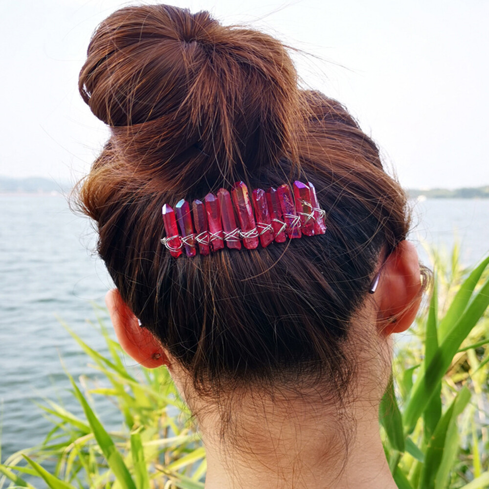 Women Natural Crystal Quartz Hair Comb Headdress Branches Wired Stone 20 teeth