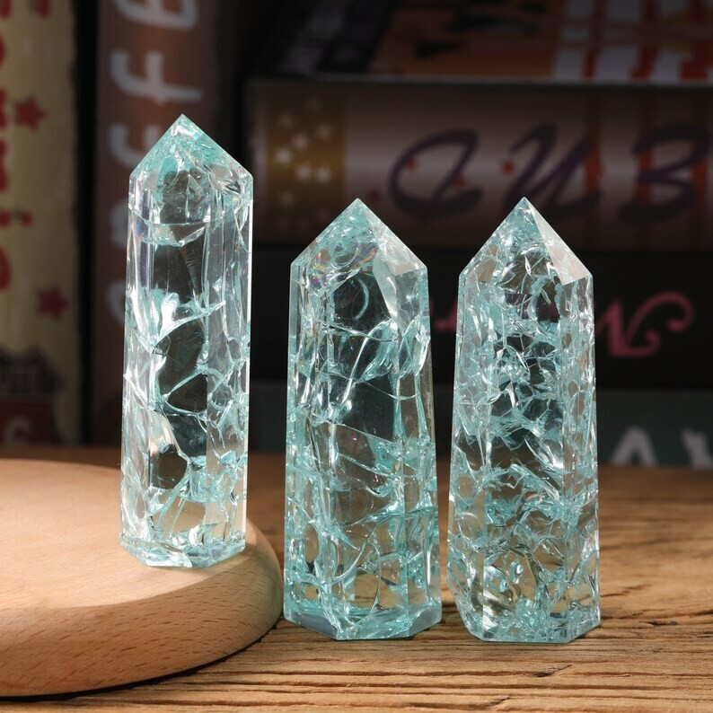 Polished Blue Crackle Quartz Tower Point Obelisk Healing Crystal Minerals Decor
