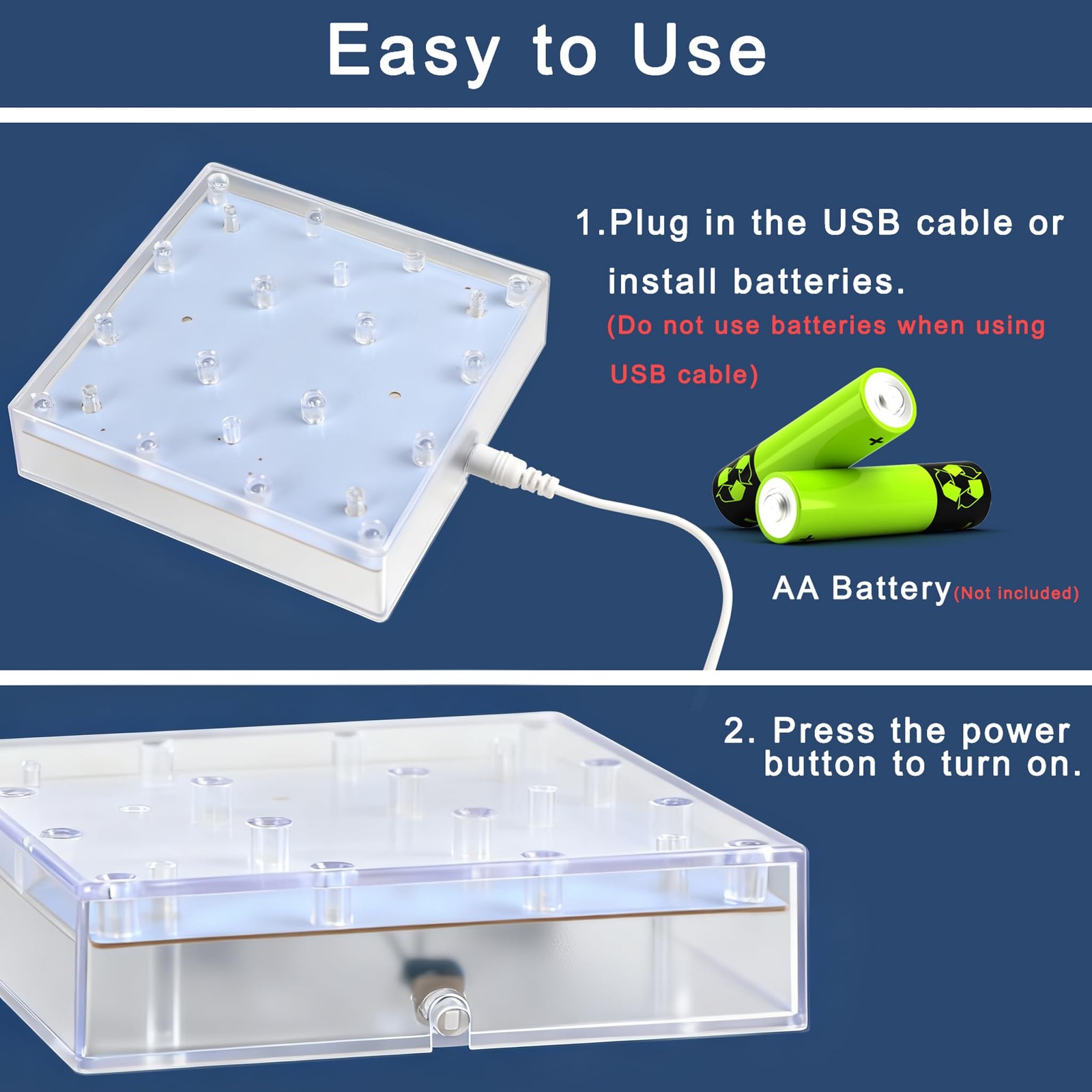5 inch Square Rechargeable Light Base – Charging USB or Battery Powered