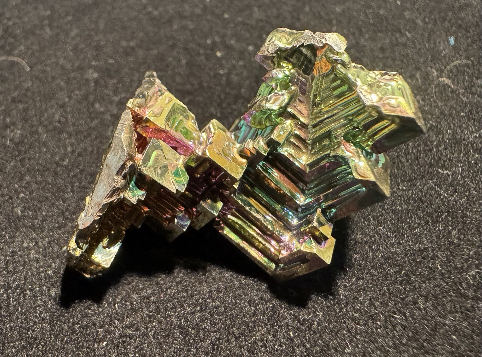 Lab-Grown Bismuth Crystal – Hopper Geometry, Rainbow Iridescence, 17.49g