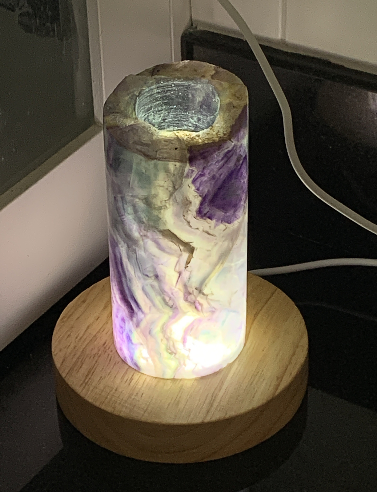 Rainbow Fluorite 4.25” Heavy Hollow Cylinder Night Light With LED Sphere Stand