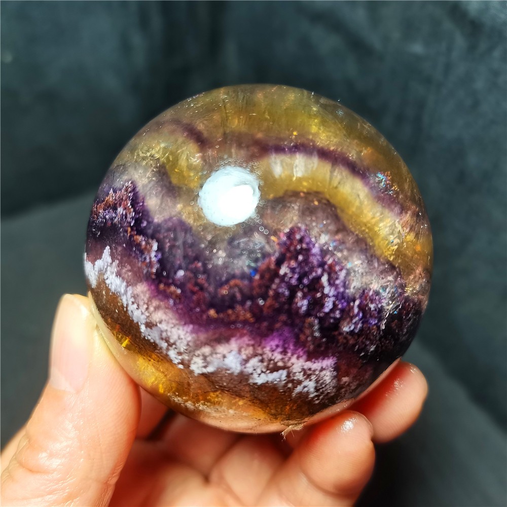 TOP 368g 60mm Natural Colorful Super Seven Fluorite Sphere Ball Healing WD2119