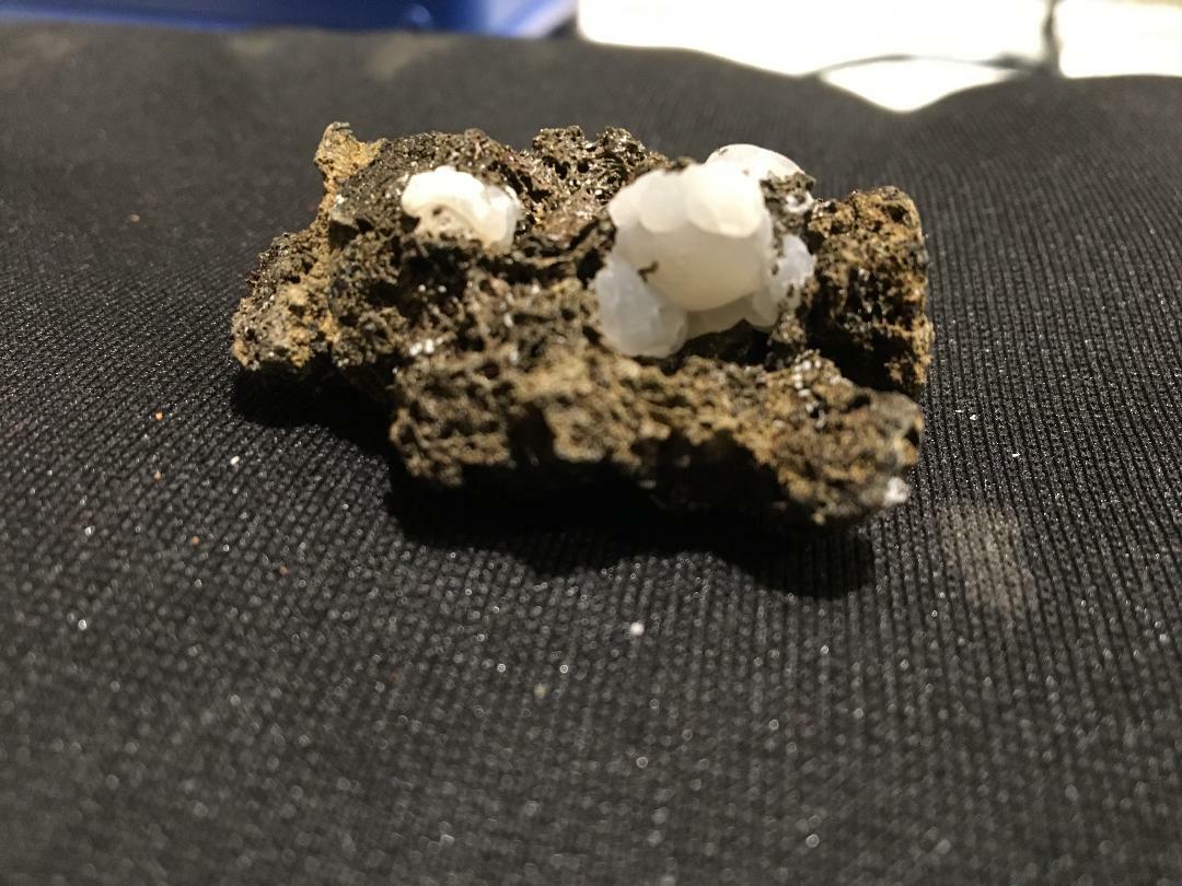 KB: FANTASTIC! BRIGHT FL. & PHOS. BLUE/WHITE SW CALCITE IN LAVA ROCK, GERMANY