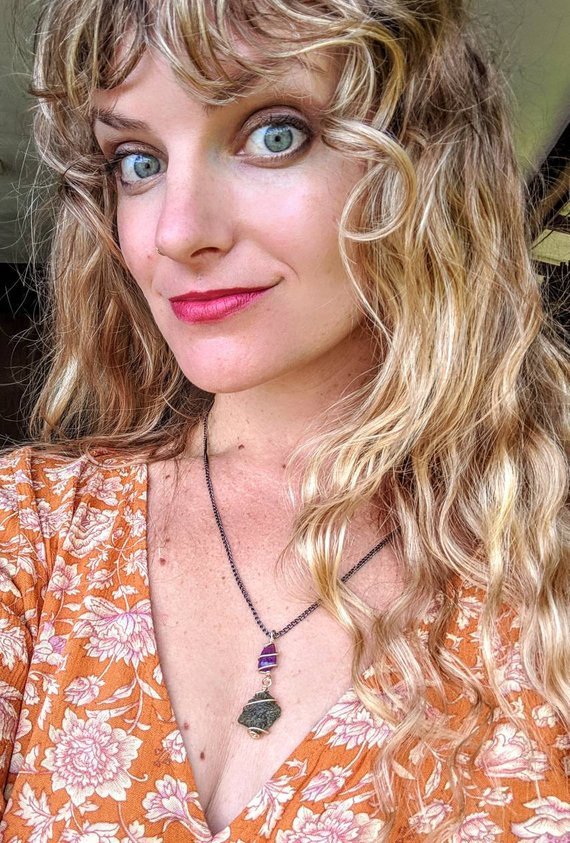 MOLDAVITE & SUGILITE Pendant In GOLD. Amulet Tektite Crystal Necklace Synergy 12