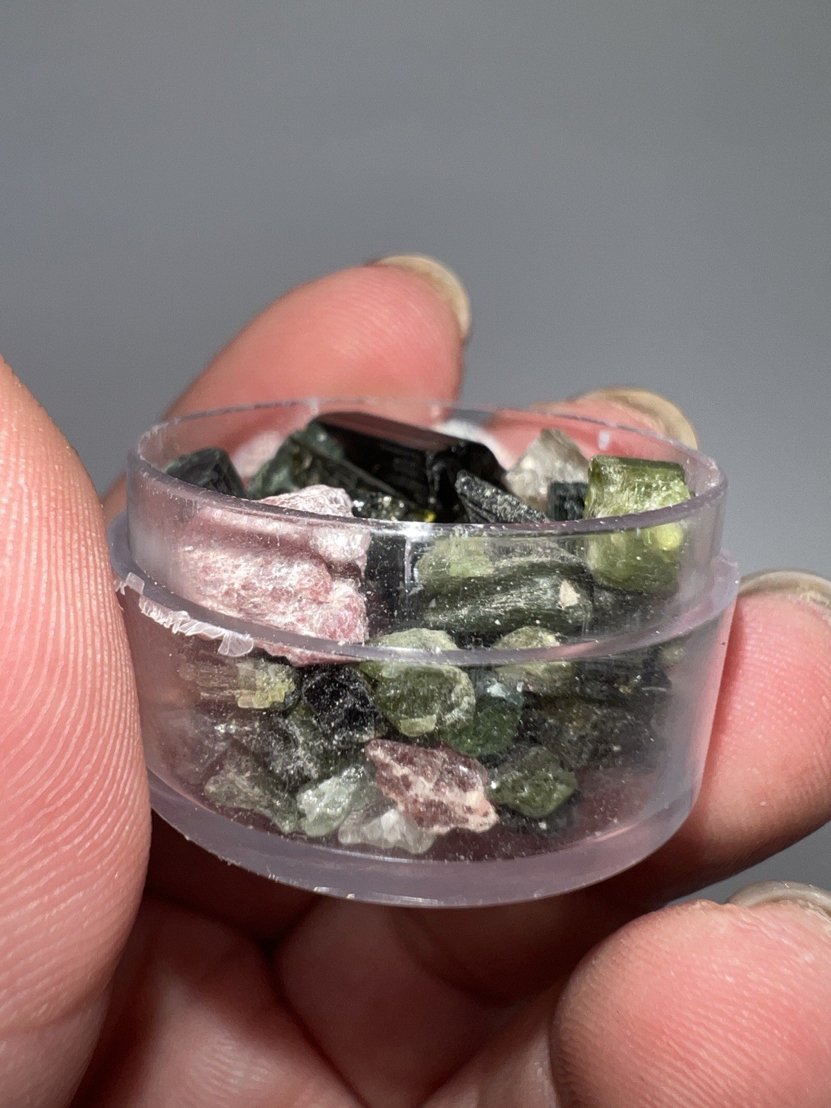 Mixed Natural Tourmaline Crystal Chips in Small Plastic Round Container