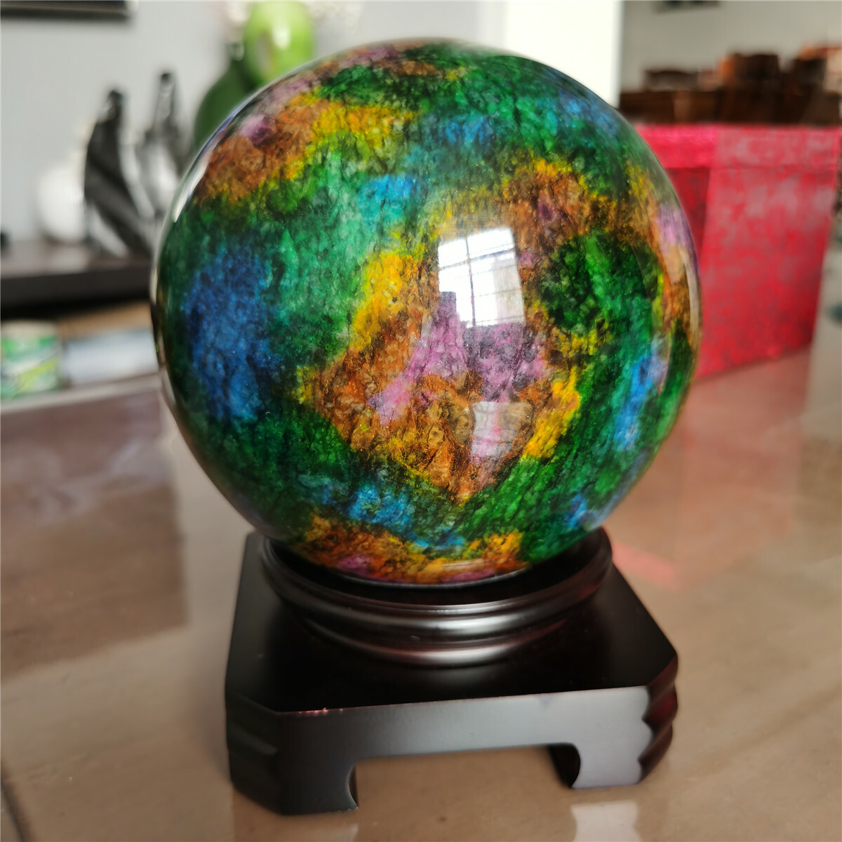 5.6kg Natural “Seven Colors Jade” sphere specimen -Taiwan China +stand W5907