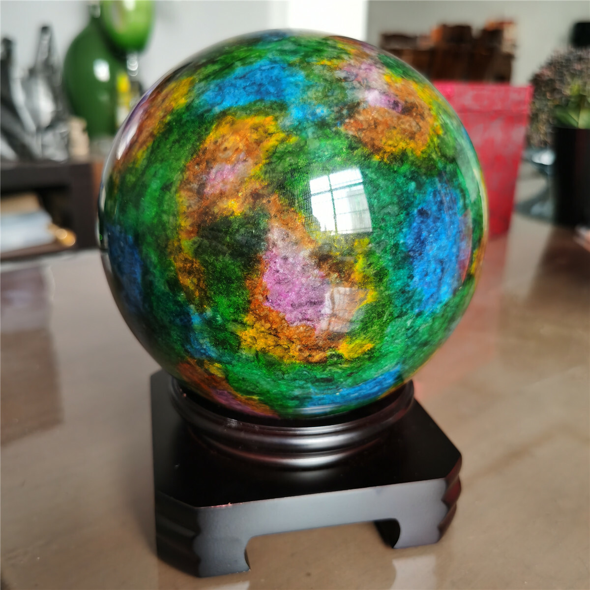 5.6kg Natural “Seven Colors Jade” sphere specimen -Taiwan China +stand W5907