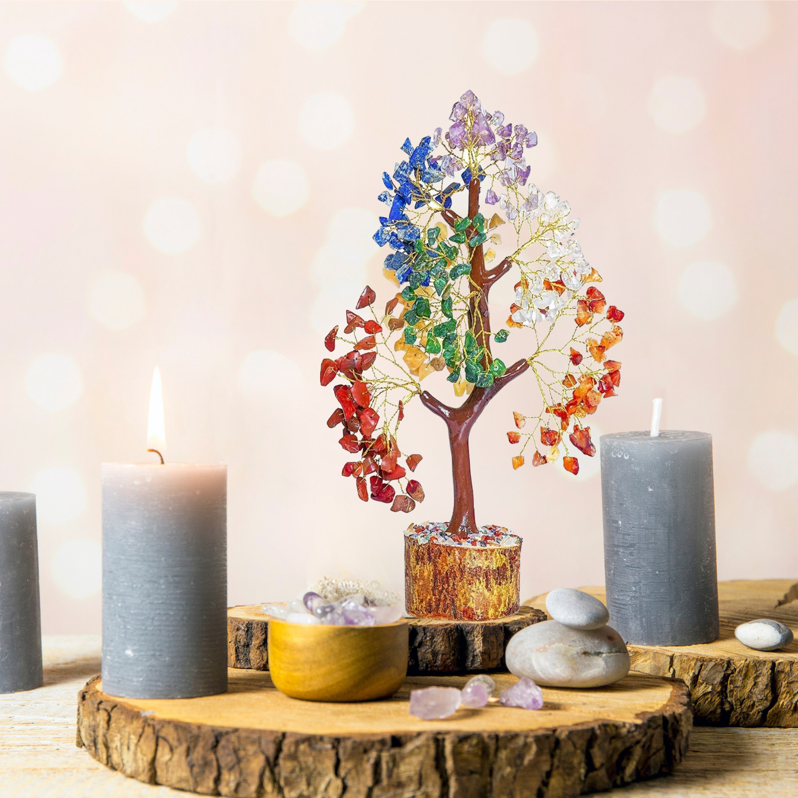 5PcX7 Seven Chakra Crystal Gemstone Money Tree w/ 300 Stones Golden Copper Wire
