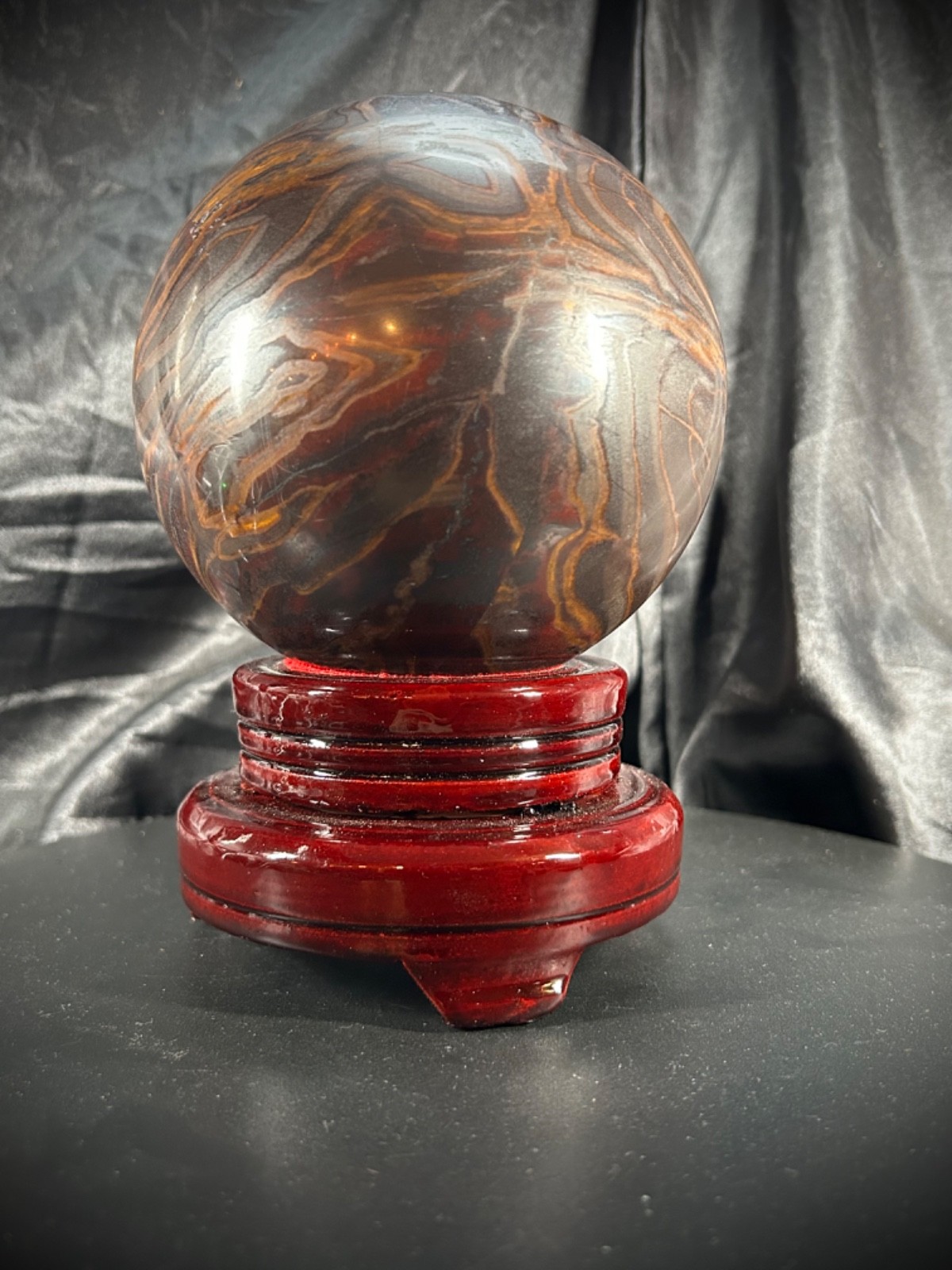 5″ Unique Tiger Iron (AKA Mugglestone) Sphere With Wood Swivel Stand 7lb 4.5oz