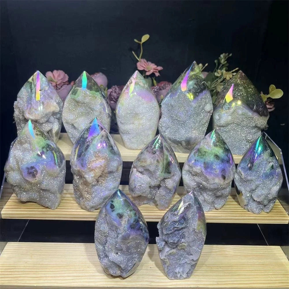 200g Angel Aura Sphalerite Flame Druzy Geode Crystal Tower Obelisk Healing Decor