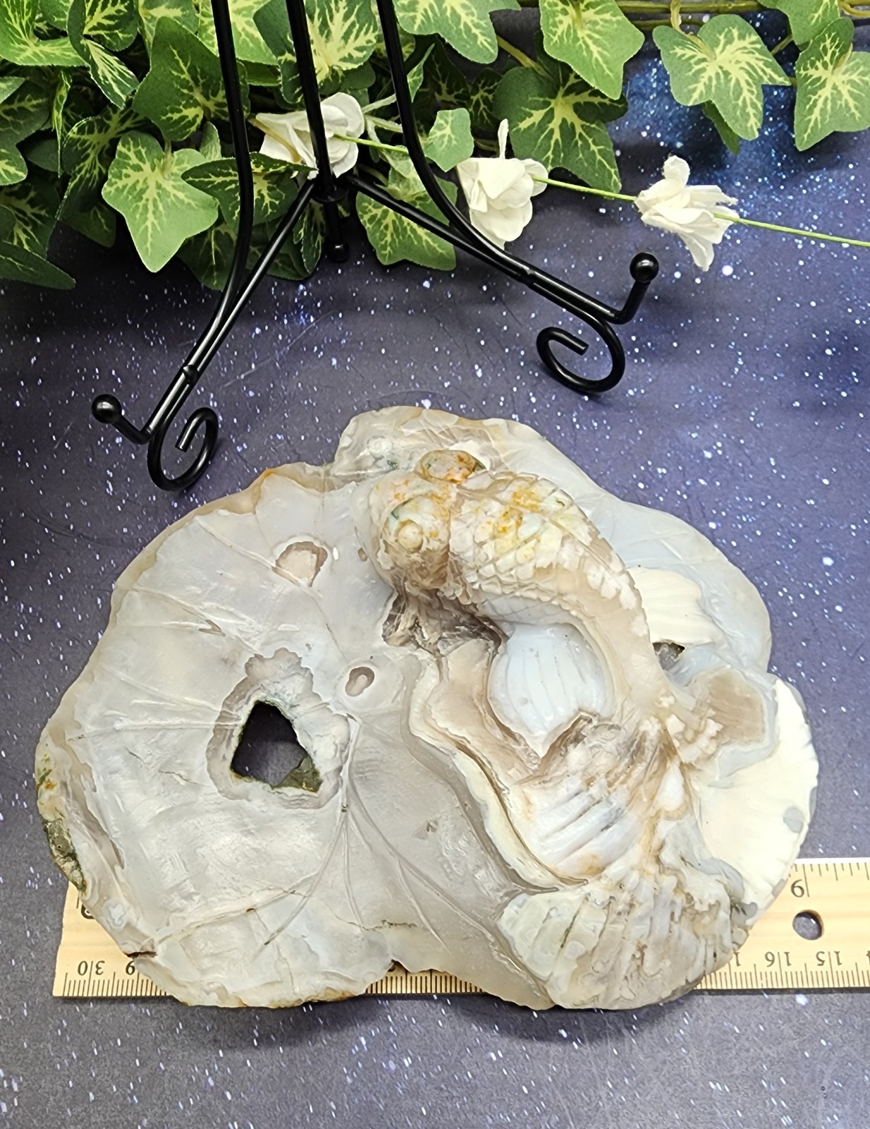 Flower Agate Koi Fish On Lily Pad Carving Unique Handcrafted Crystal Art /Stand
