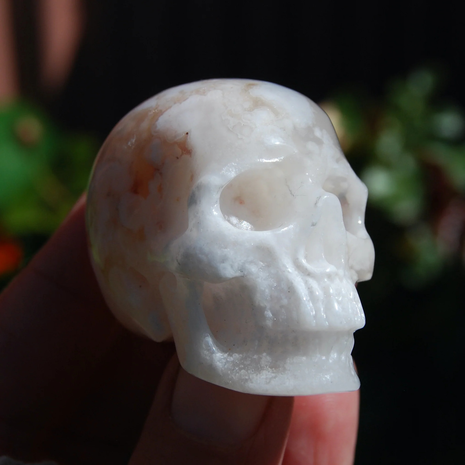 2in Sakura Flower Agate Carved Crystal Skull, Realistic Peach White Sakura Agate