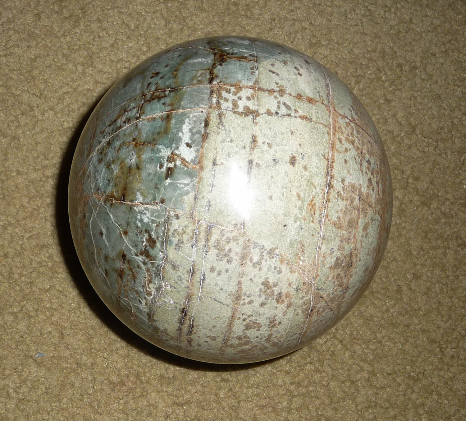 Large Green & White Brown lines Marble Gemstone Rock Sphere 4 3/4″ US handmade