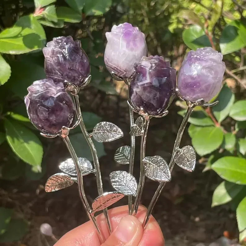 Natural Hand Carved Dreamy Purple Quartz Crystal,Rose flower Home Decor Gift 1pc