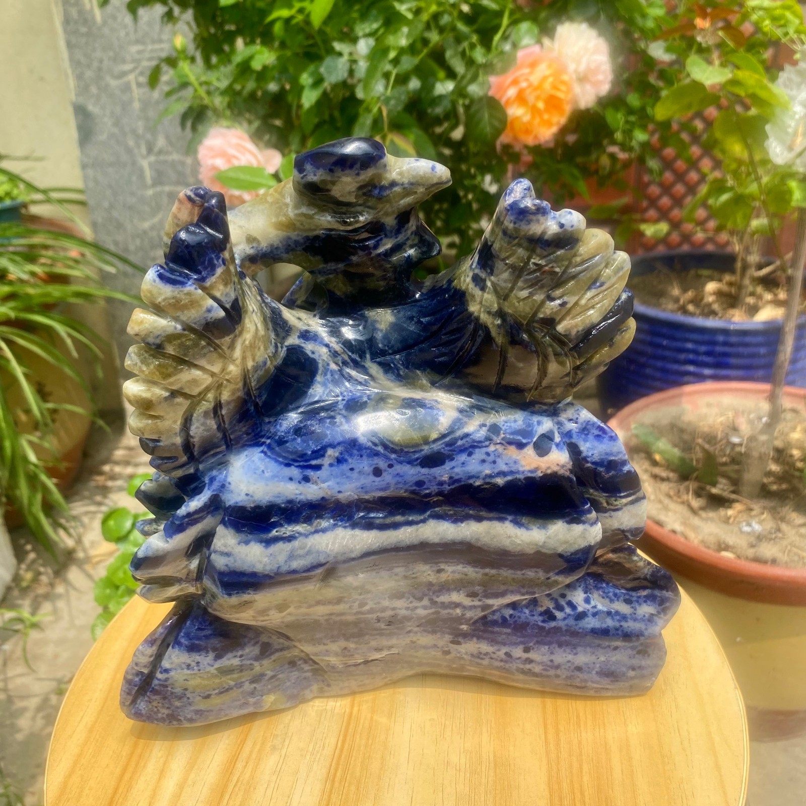 6.61LB Natural Blue Vein Stone Phoenix Carving, Home Decoration