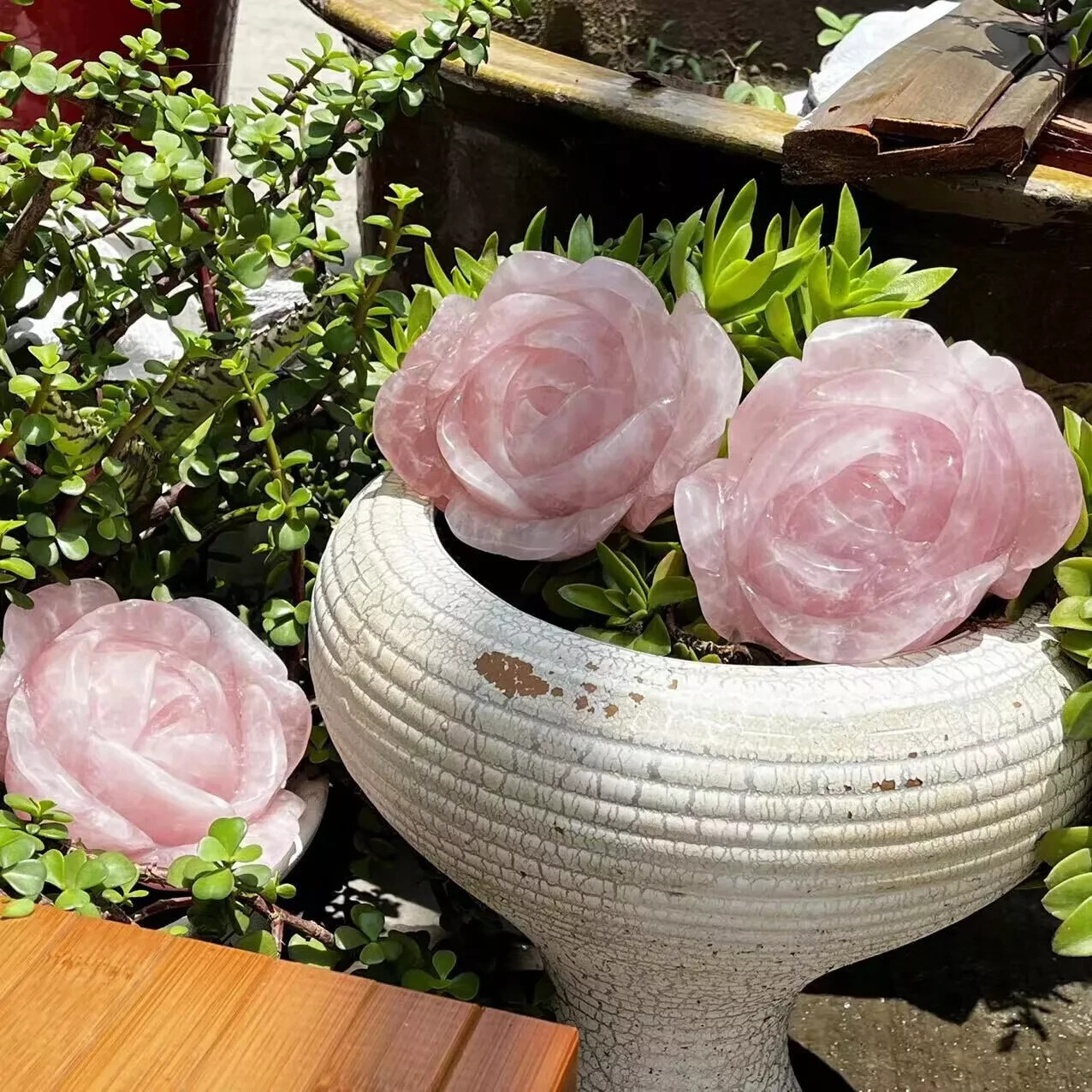 1PC Natural Pink Rose Quartz Carved Crystal Flower Skull Reiki Healing Decor