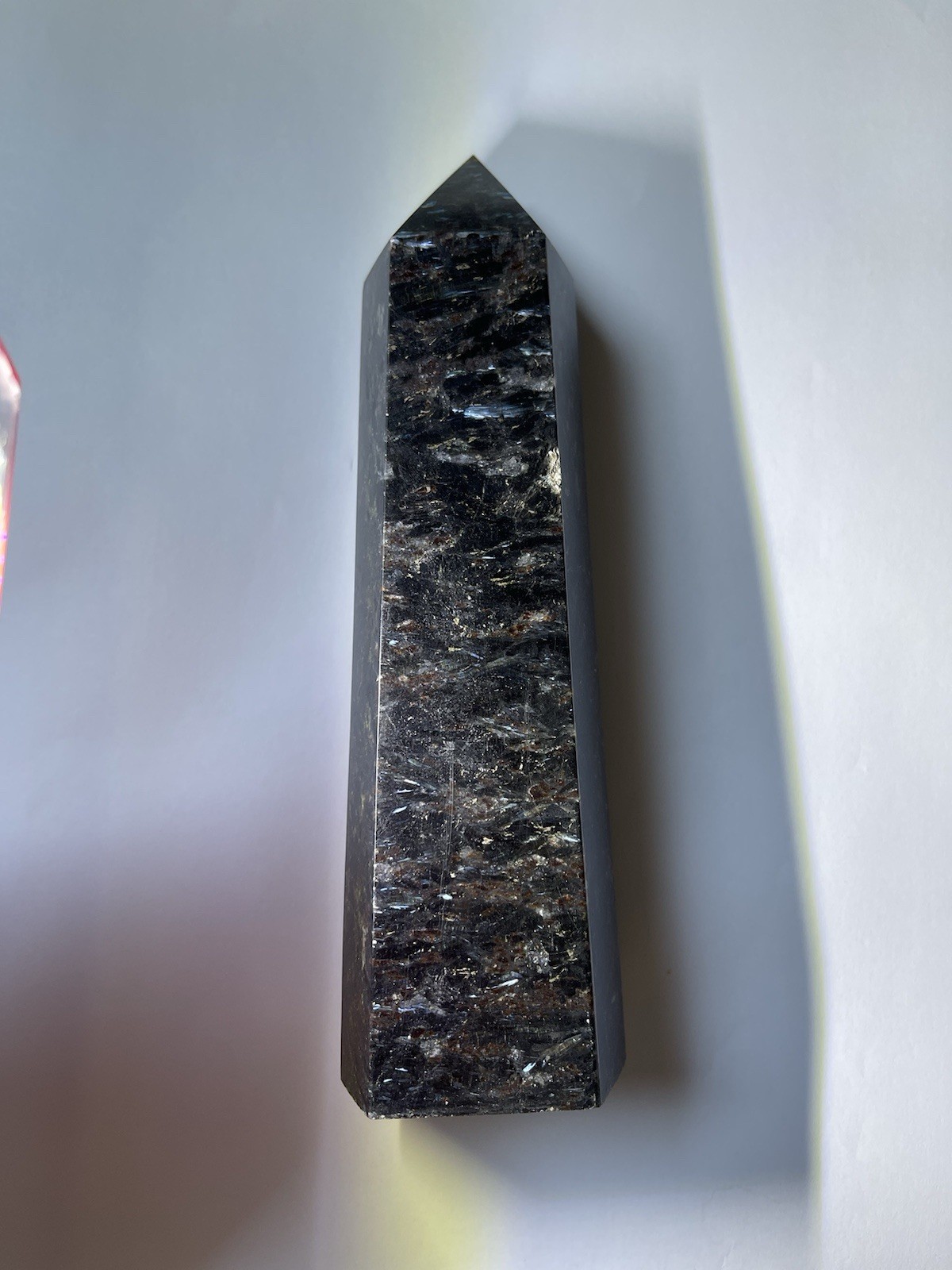 Large Arfvedsonite Crystal Obelisk 7 Inch Flashy Silver Blue Healing Stone Tower