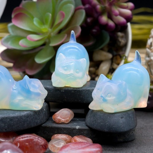 Opalite Crystal Cat Carving Stone Healing Protection Trinket Cat Lover Tier Gift