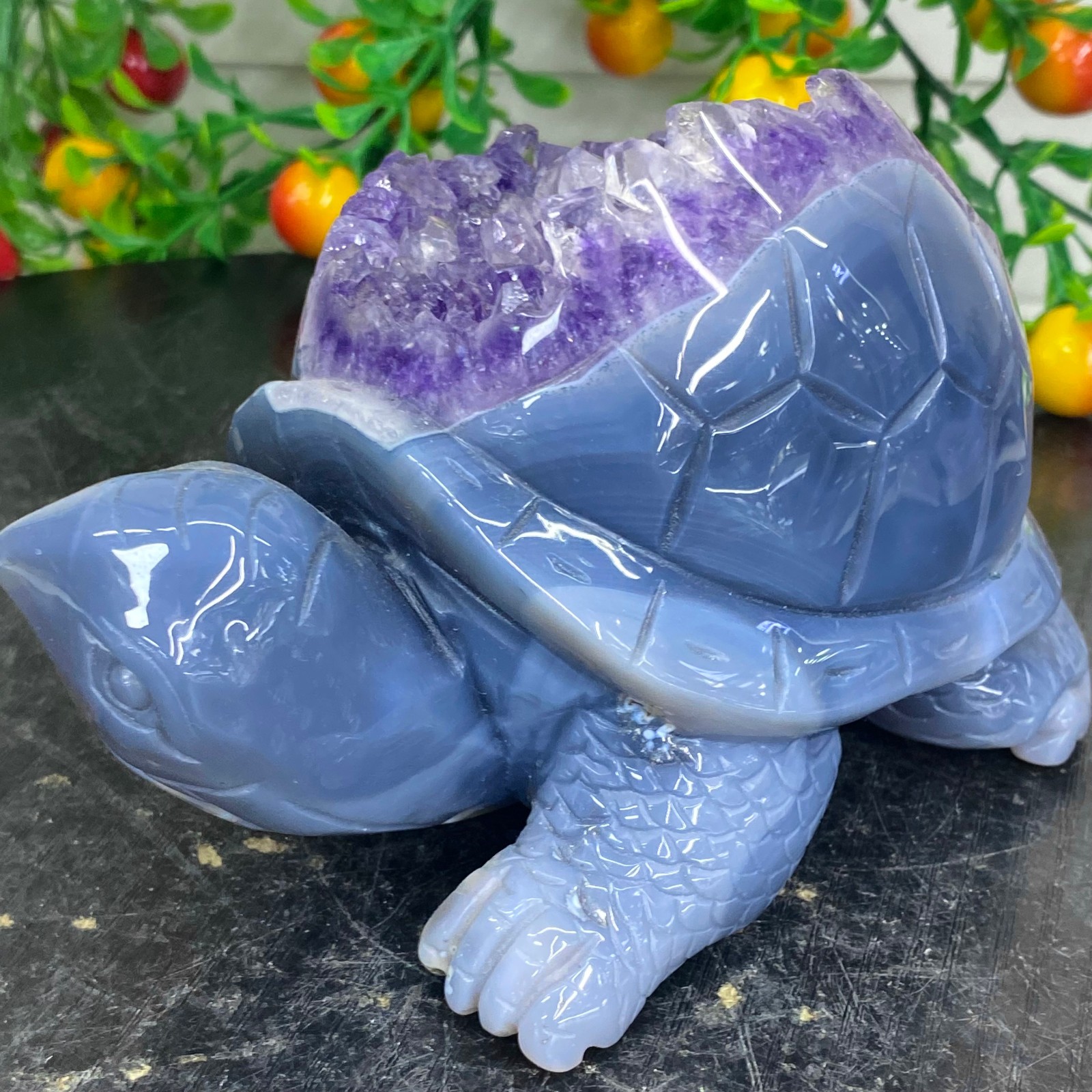 2.51LB Natural amethyst agate turtle Crystal turtle carving healing Home decora