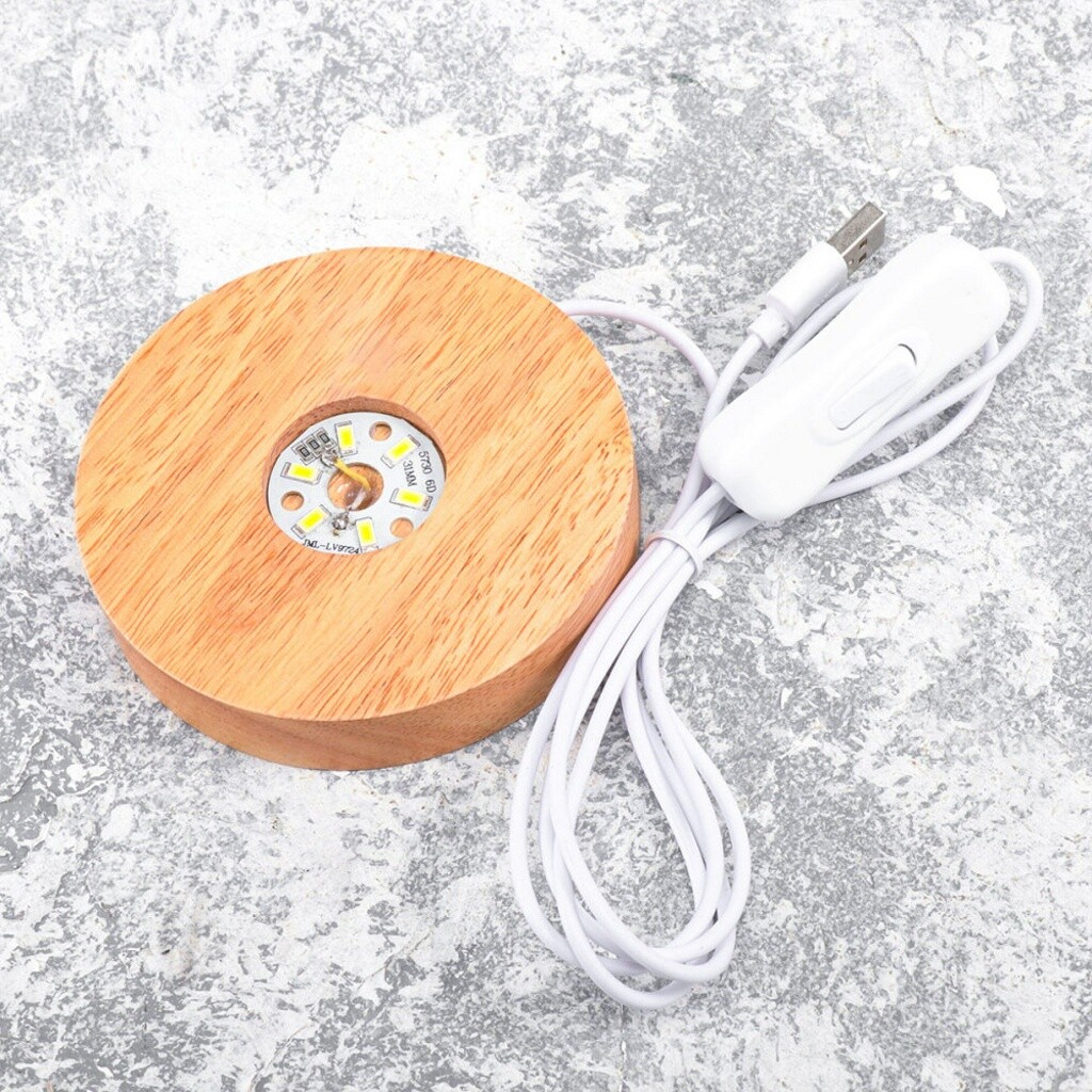 Wooden LED Display Stand 3D Nightlight Round 80mm Base Holder for Crystal Glass