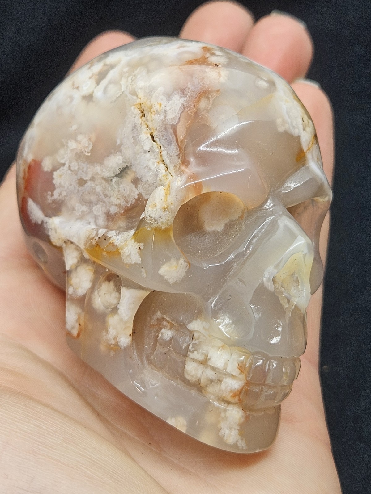 Hand-Carved Flower Agate Crystal Skull – 3.5″ Polished Cherry Blossom Agate