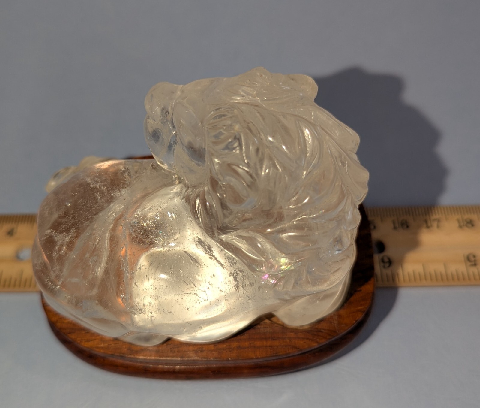 Clear quartz CRYSTAL carved LION with Cherry Wood stand Natural Mineral specimen