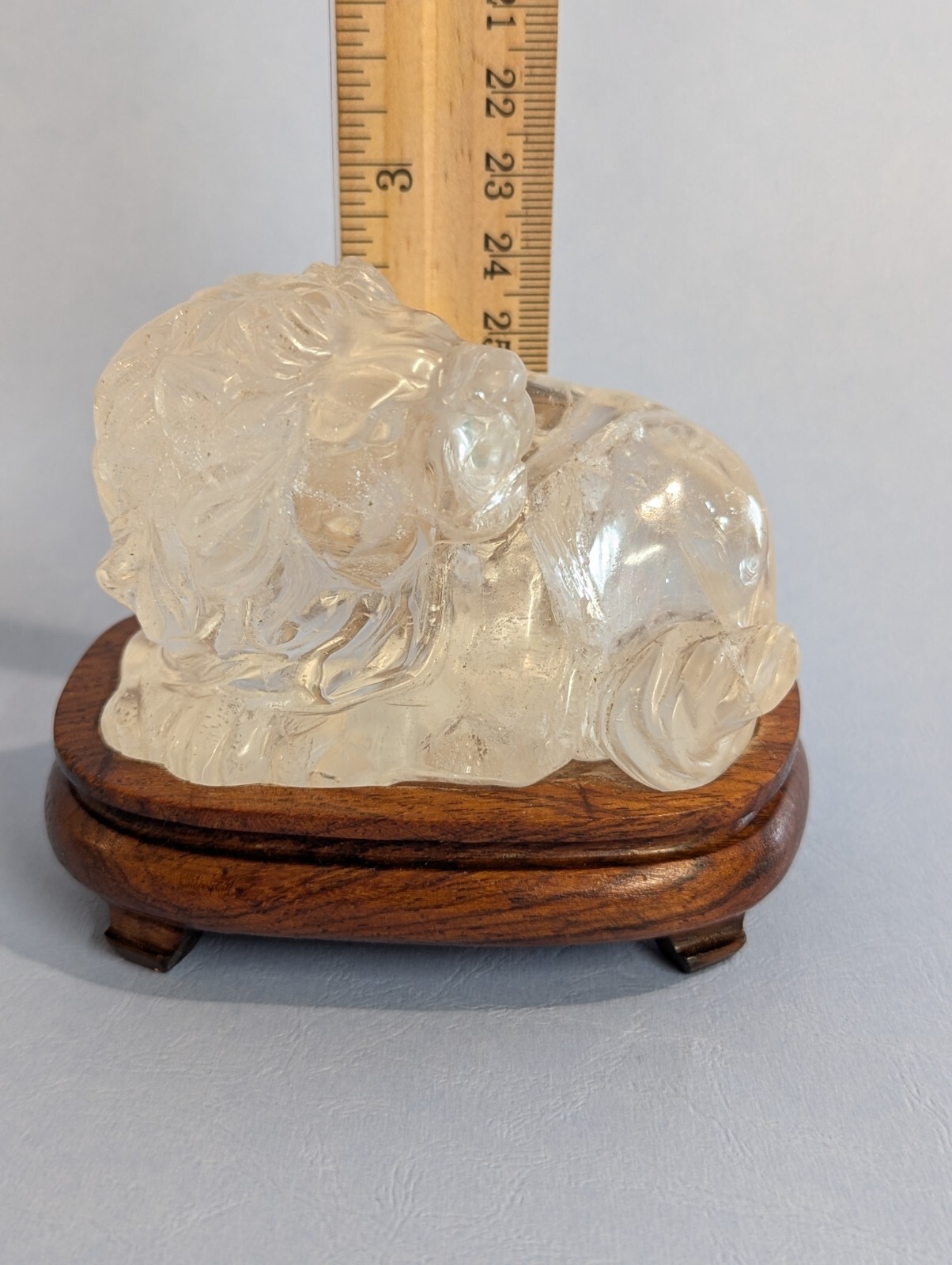 Clear quartz CRYSTAL carved LION with Cherry Wood stand Natural Mineral specimen