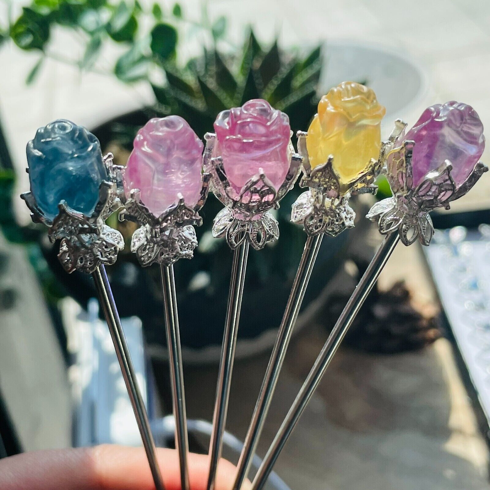 5pc Natural Fluorite Carved Flower Rose Hairpin Quartz Crystal Reiki Healing