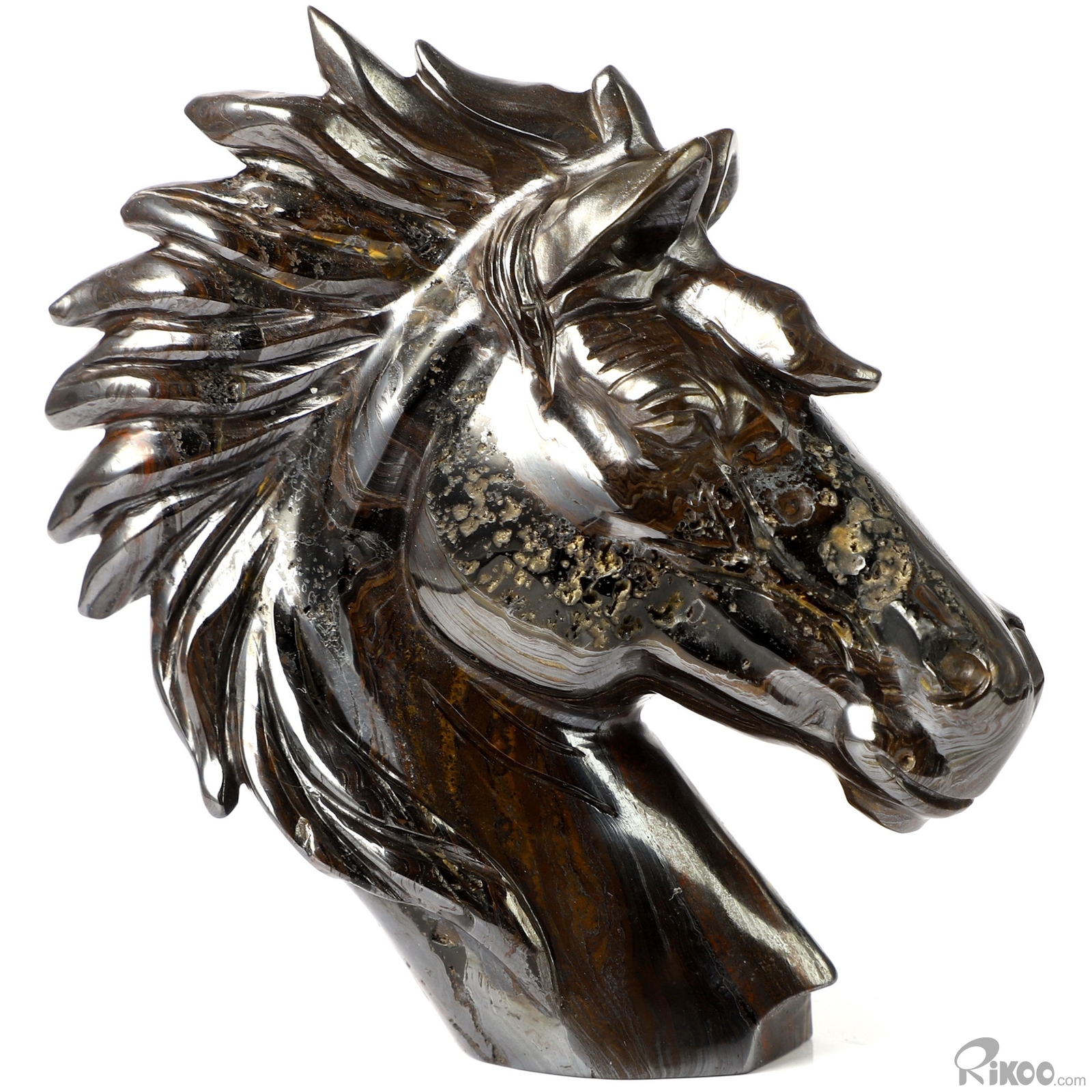 3.7″ Gold Tiger Iron Eye Hand Carved Crystal Horse Sculpture, Healing