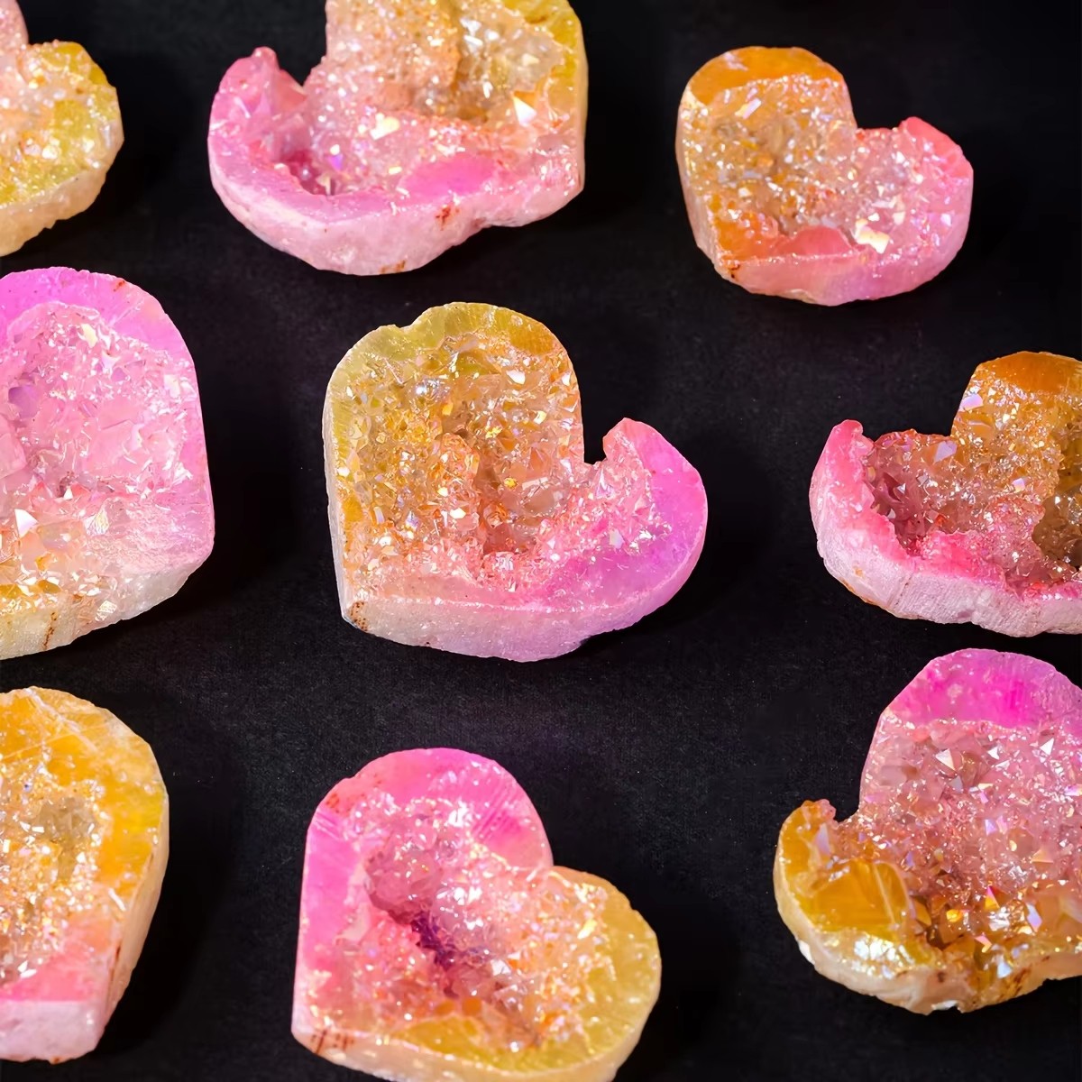 Titanium Aura Yellow Pink Cluster Heart Crystal Geode Healing Decor Reiki Gift