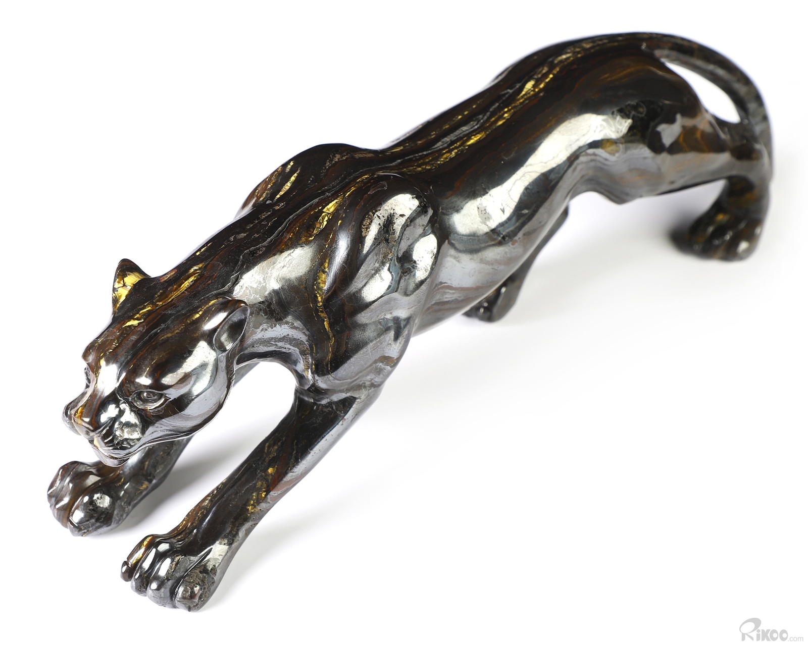 10.5″ Colorful Tiger Iron Eye Hand Carved Crystal Leopard Sculpture, Healing