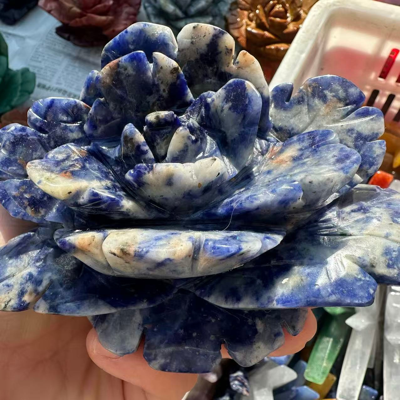 1pc Natural Sodalite Quartz Carved Flower Skull Crystal Reiki Decor Gift