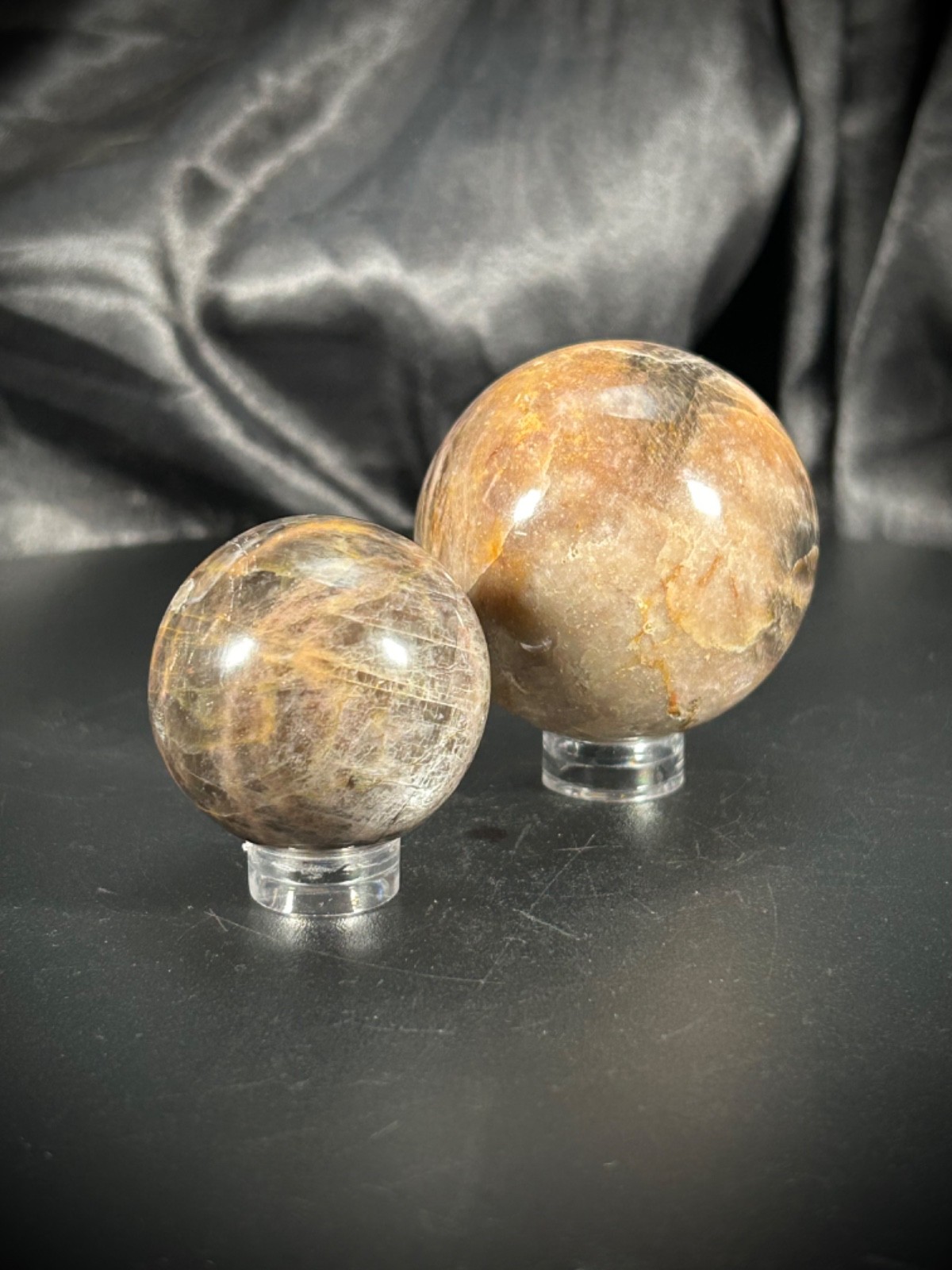 2 Piece Black Moonstone Sphere Bundle With Acrylic Stands 6.6oz (186 grams)